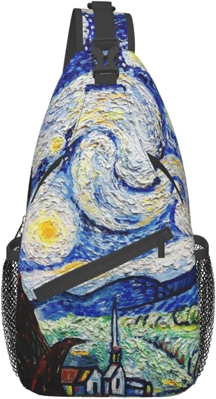 GTEVUTS Starry Painting Night Blue Sling Backpack, Fashion Casual Crossbody Chest Shoulder Bag Travel Camping Daypack for Women Men