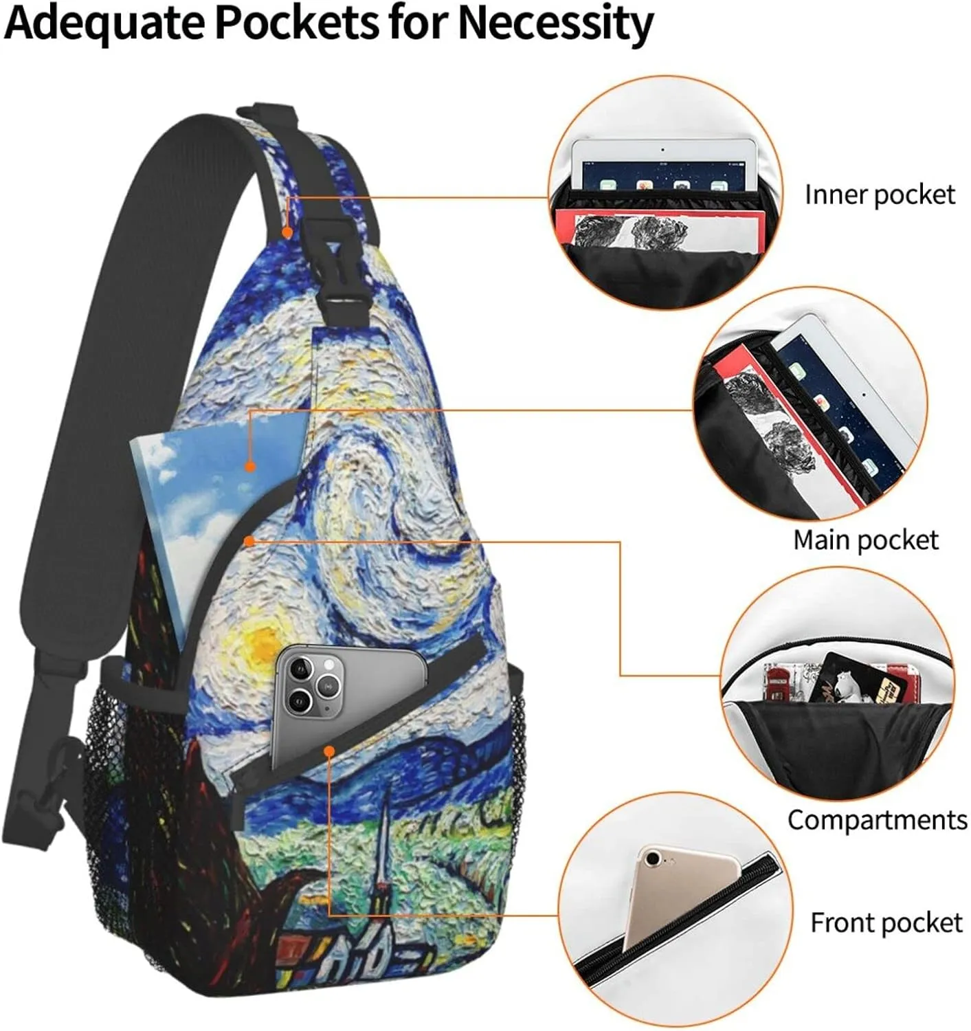 GTEVUTS Starry Painting Night Blue Sling Backpack, Fashion Casual Crossbody Chest Shoulder Bag Travel Camping Daypack for Women Men