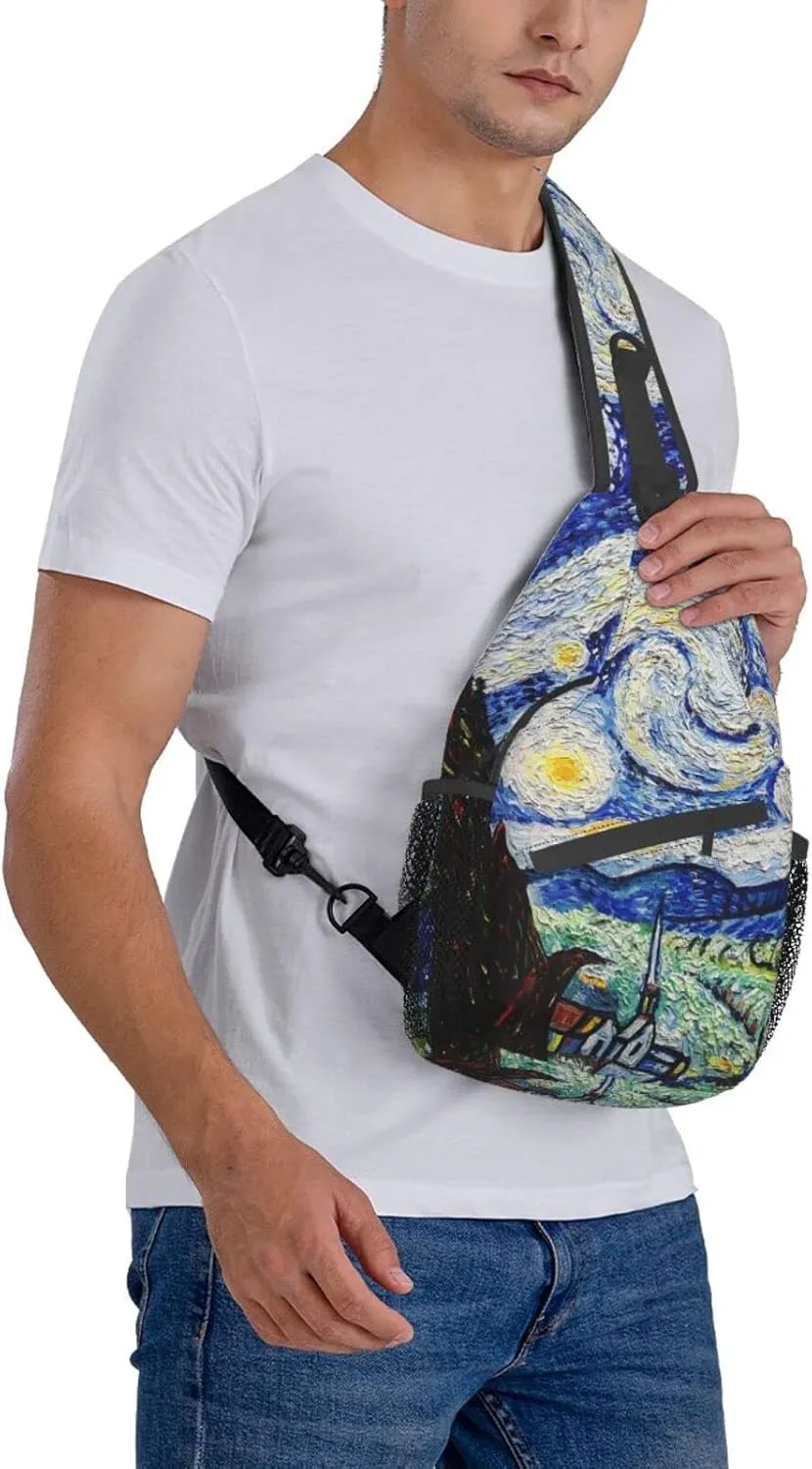 GTEVUTS Starry Painting Night Blue Sling Backpack, Fashion Casual Crossbody Chest Shoulder Bag Travel Camping Daypack for Women Men