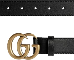 Gucci Marmont Black Leather Belt with GG Antique Brass Buckle