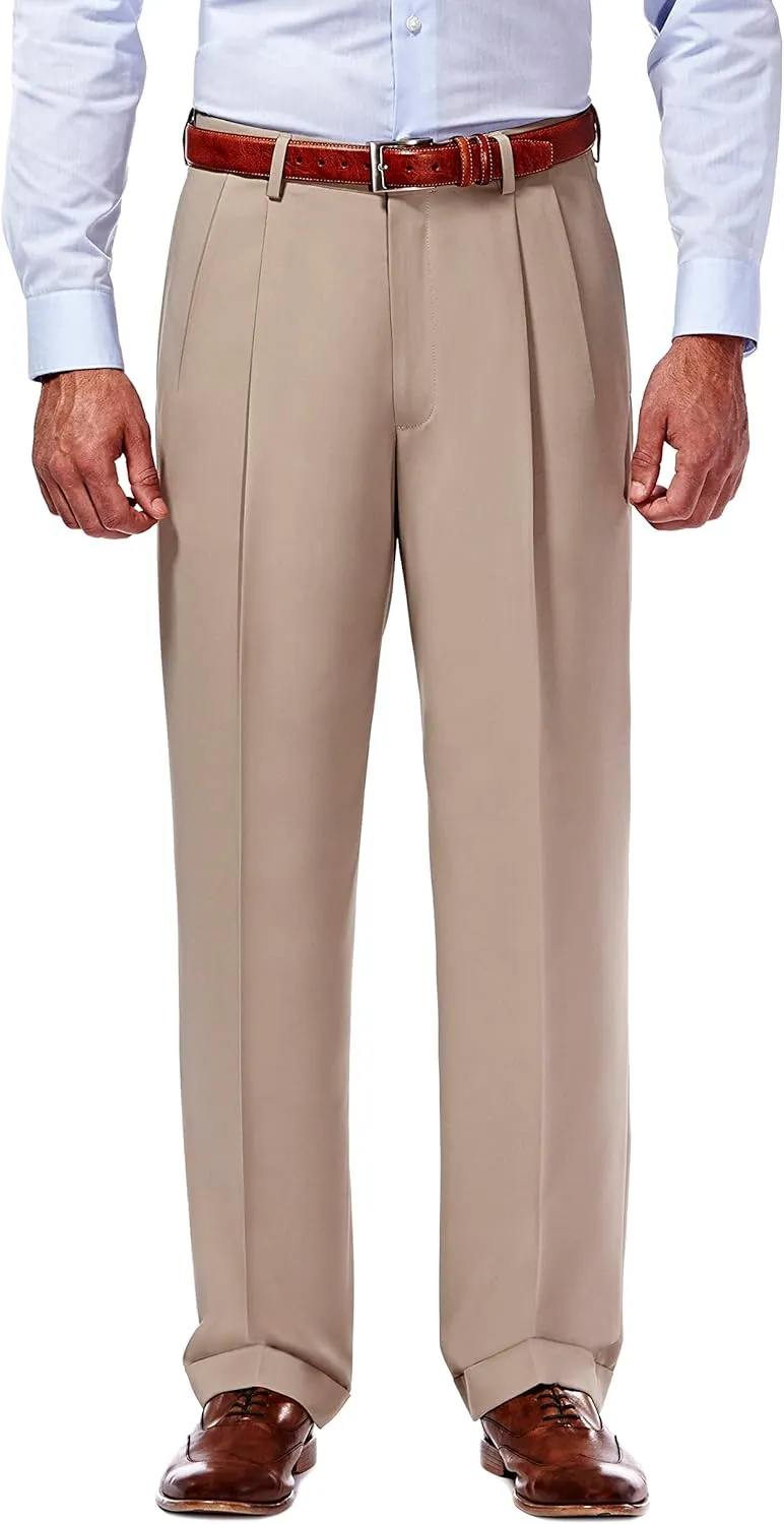 Haggar Men’s Hidden Expandable Waistband Classic Fit Pleated Front Gabardine Dress Pant