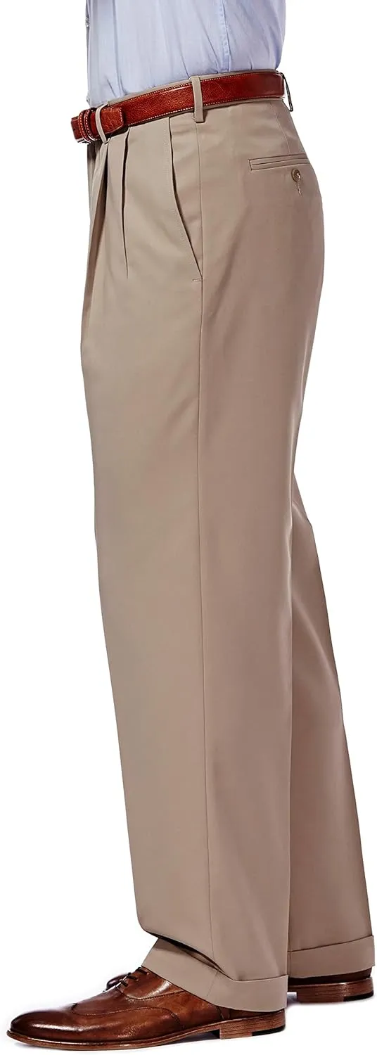 Haggar Men’s Hidden Expandable Waistband Classic Fit Pleated Front Gabardine Dress Pant