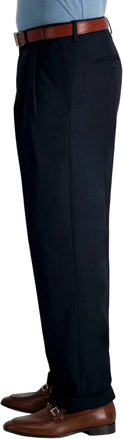 Haggar Men’s Hidden Expandable Waistband Classic Fit Pleated Front Gabardine Dress Pant