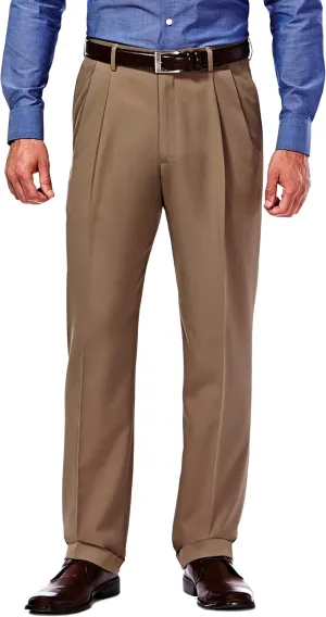 Haggar Men’s Hidden Expandable Waistband Classic Fit Pleated Front Gabardine Dress Pant