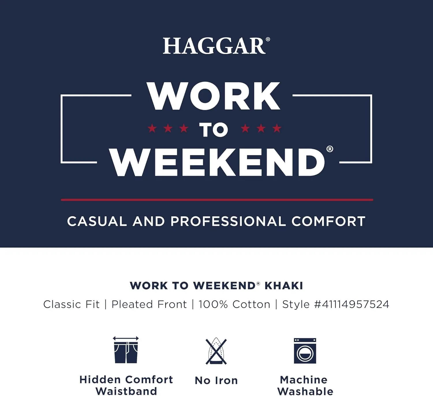 Haggar Men's Work to Weekend Hidden Expandable Waist Classic Fit Pleated Front Pant