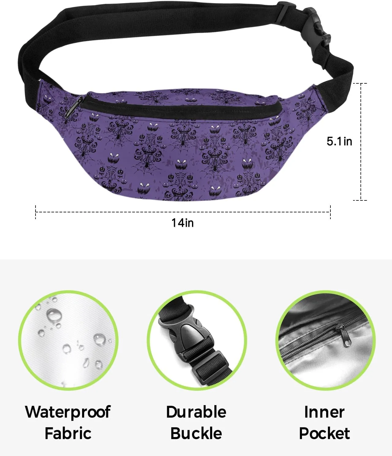 Halloween Fanny Pack for Running Waist Pack for Women and Men, Haunted Ghost House Mansion Spider Waterproof Crossbody Pocket Belt Bag with Adjustable Strap Bum Bag for Sports Travel Hiking Cycling