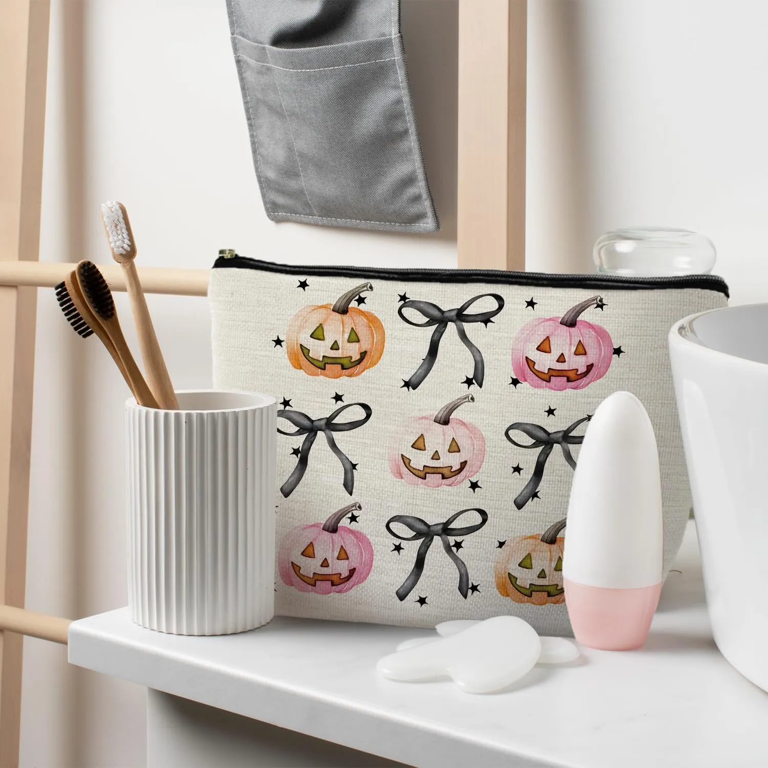Halloween Makeup Bag - Pink and Orange Pumpkin Cosmetic Bag with Black Coquette Bow for Women