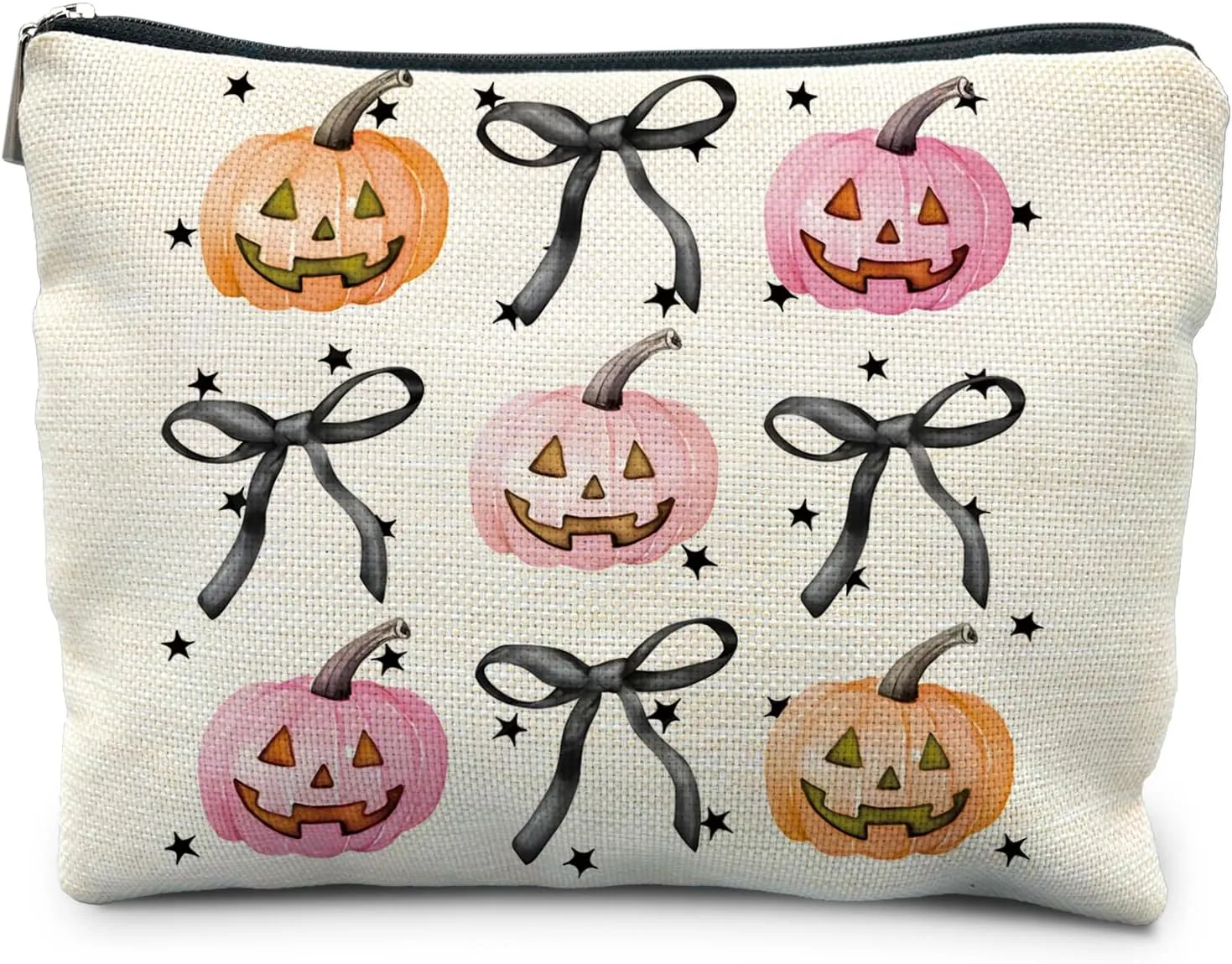 Halloween Makeup Bag - Pink and Orange Pumpkin Cosmetic Bag with Black Coquette Bow for Women