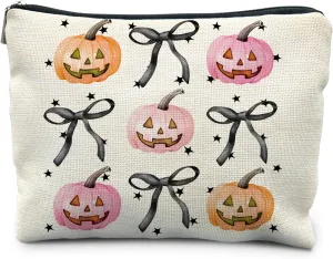 Halloween Makeup Bag - Pink and Orange Pumpkin Cosmetic Bag with Black Coquette Bow for Women