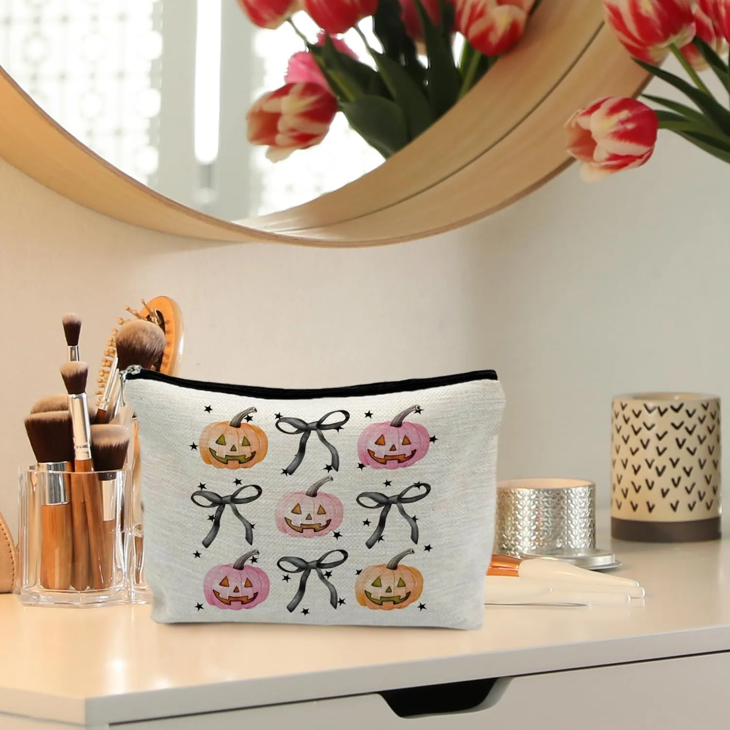 Halloween Makeup Bag - Pink and Orange Pumpkin Cosmetic Bag with Black Coquette Bow for Women