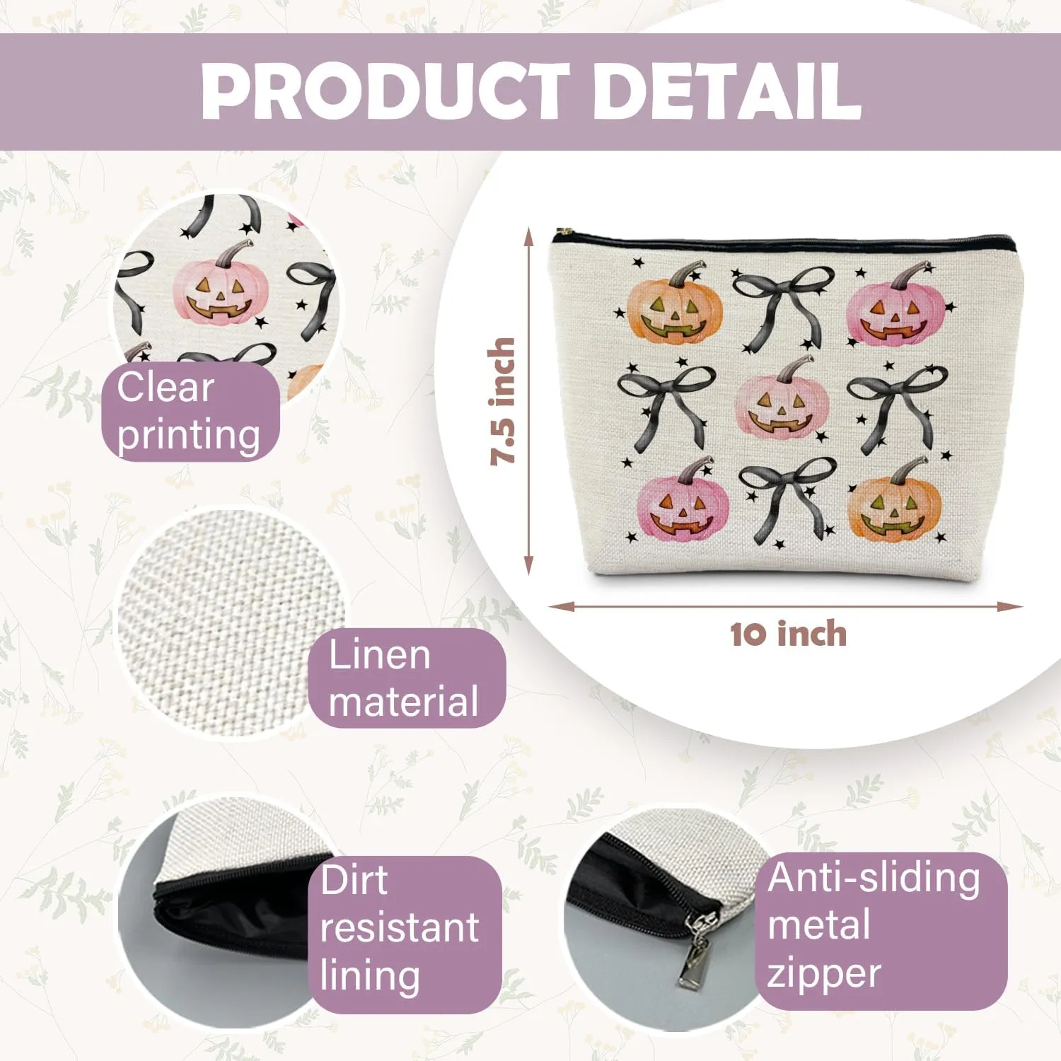 Halloween Makeup Bag - Pink and Orange Pumpkin Cosmetic Bag with Black Coquette Bow for Women