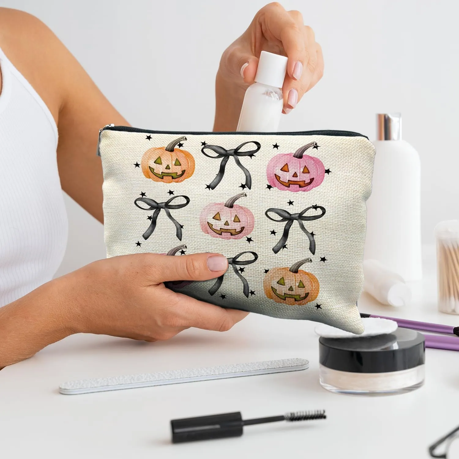Halloween Makeup Bag - Pink and Orange Pumpkin Cosmetic Bag with Black Coquette Bow for Women