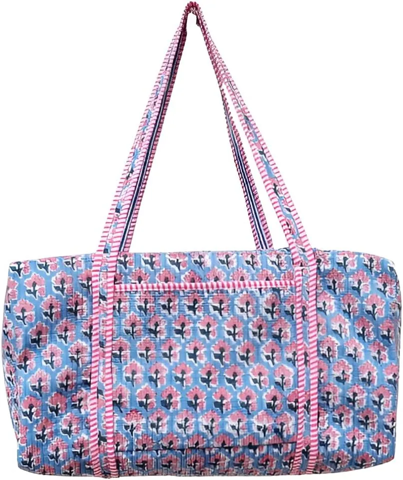 Handmade Cotton Quilted Floral Print Duffle Bag Weekender Travel Holiday Overnight Trip Yoge Shopping Luggage Beach Bag for Gifts