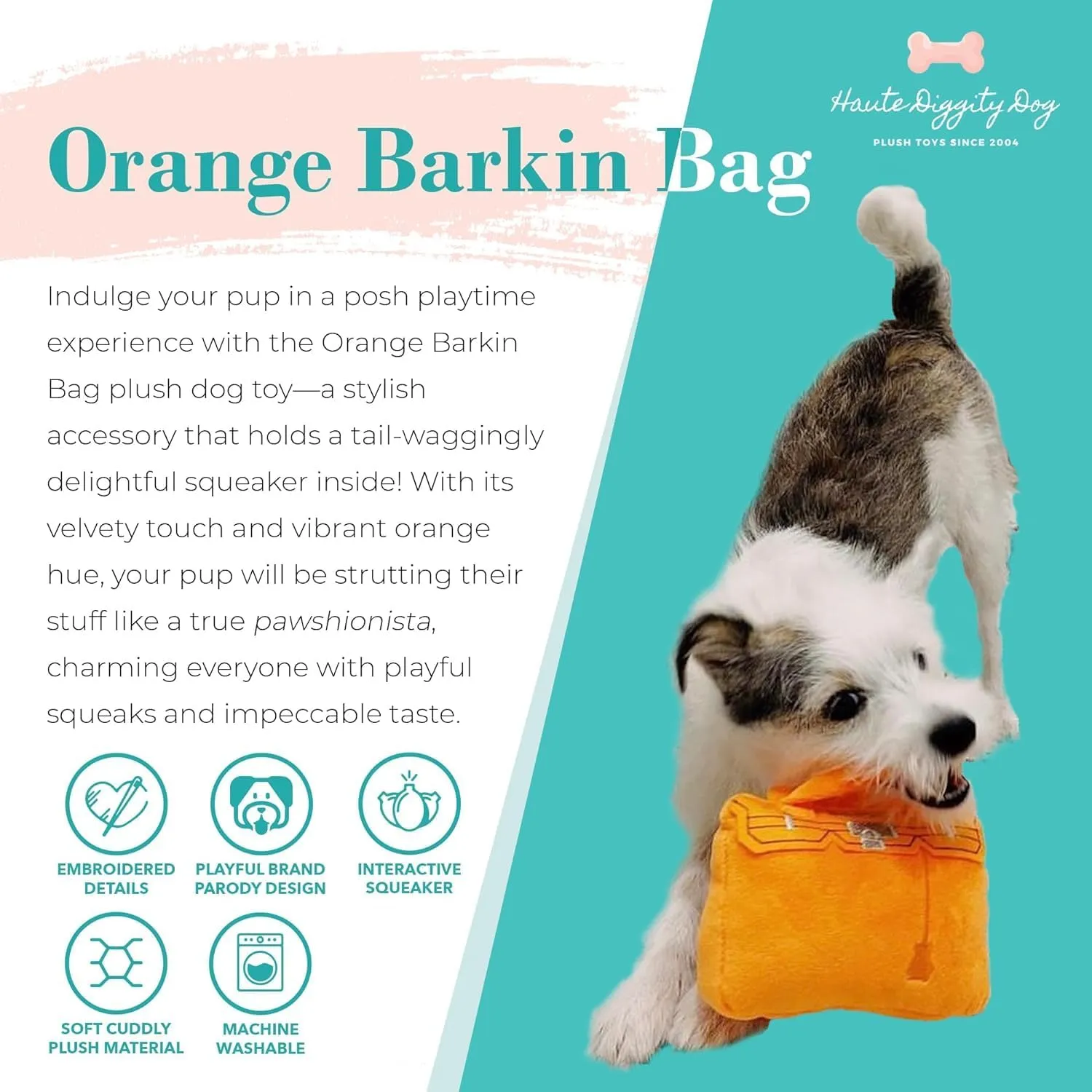 Haute Diggity Dog Barkin Bag, Plush Designer Dog Toys with Interactive Squeaker, Stimulating Pet Enrichment, Machine-Washable & Safe Materials for All Breeds, One Size