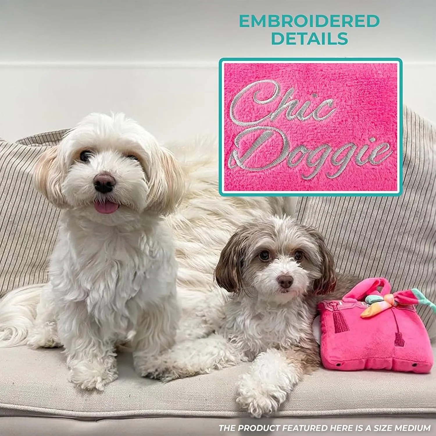 Haute Diggity Dog Barkin Bag with Scarf, Plush Designer Dog Toys with Interactive Squeaker, Stimulating Pet Enrichment, Machine-Washable & Safe Materials for All Breeds, Size Medium