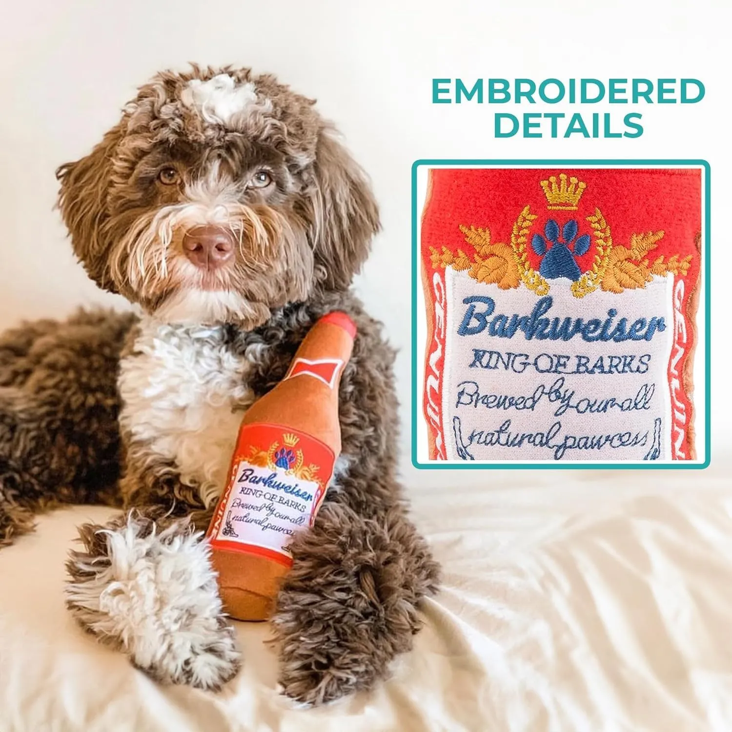 Haute Diggity Dog Barkweiser Beer Bottle, Plush Designer Dog Toys with Interactive Squeaker, Stimulating Pet Enrichment, Machine-Washable & Safe Materials for All Breeds, One Size