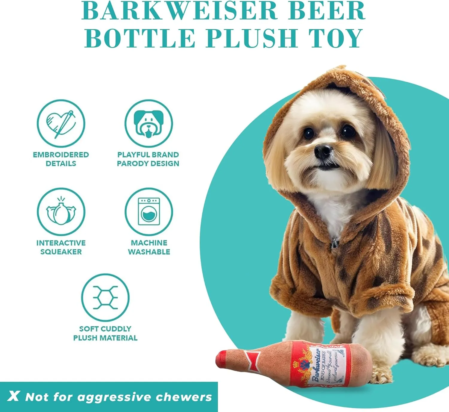 Haute Diggity Dog Barkweiser Beer Bottle, Plush Designer Dog Toys with Interactive Squeaker, Stimulating Pet Enrichment, Machine-Washable & Safe Materials for All Breeds, One Size