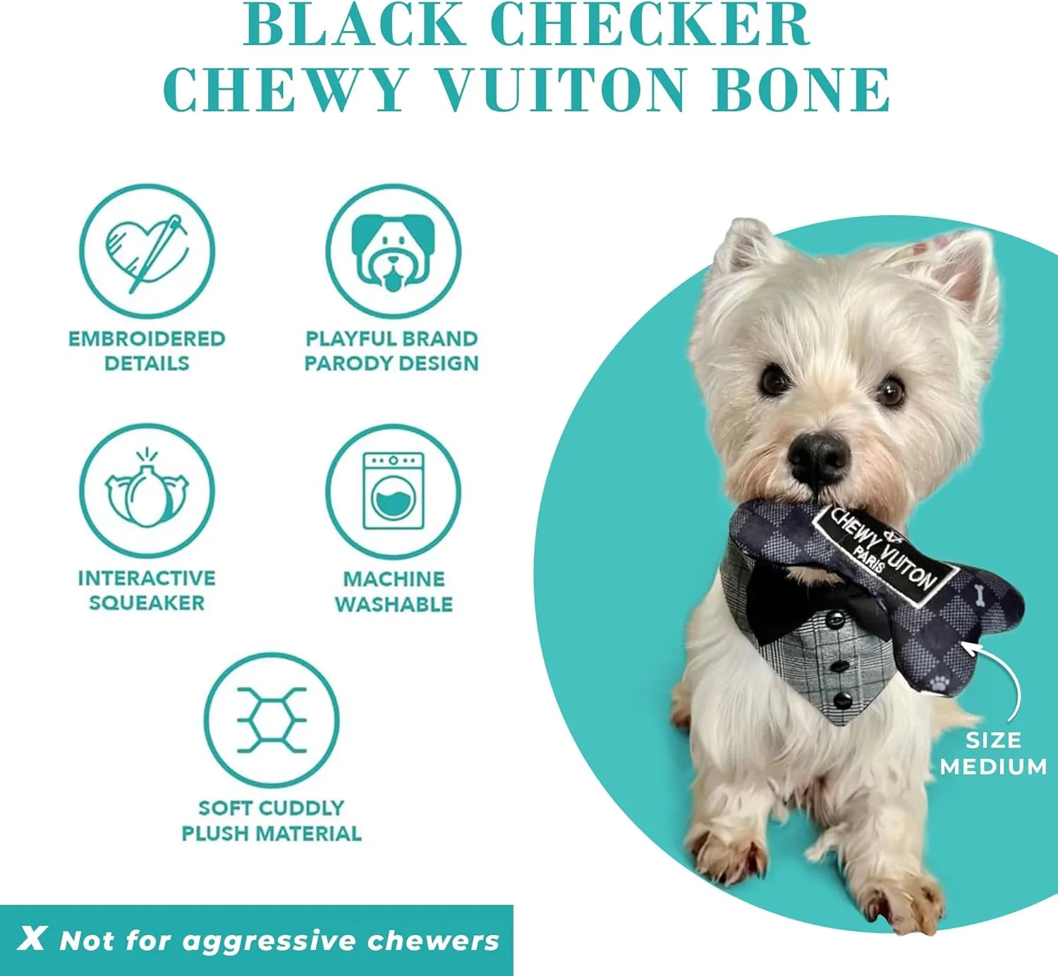 Haute Diggity Dog Black Checker Chewy Vuiton Bone, Plush Designer Dog Toys with Interactive Squeaker, Stimulating Pet Enrichment, Machine-Washable & Safe Materials for All Breeds, Size Small