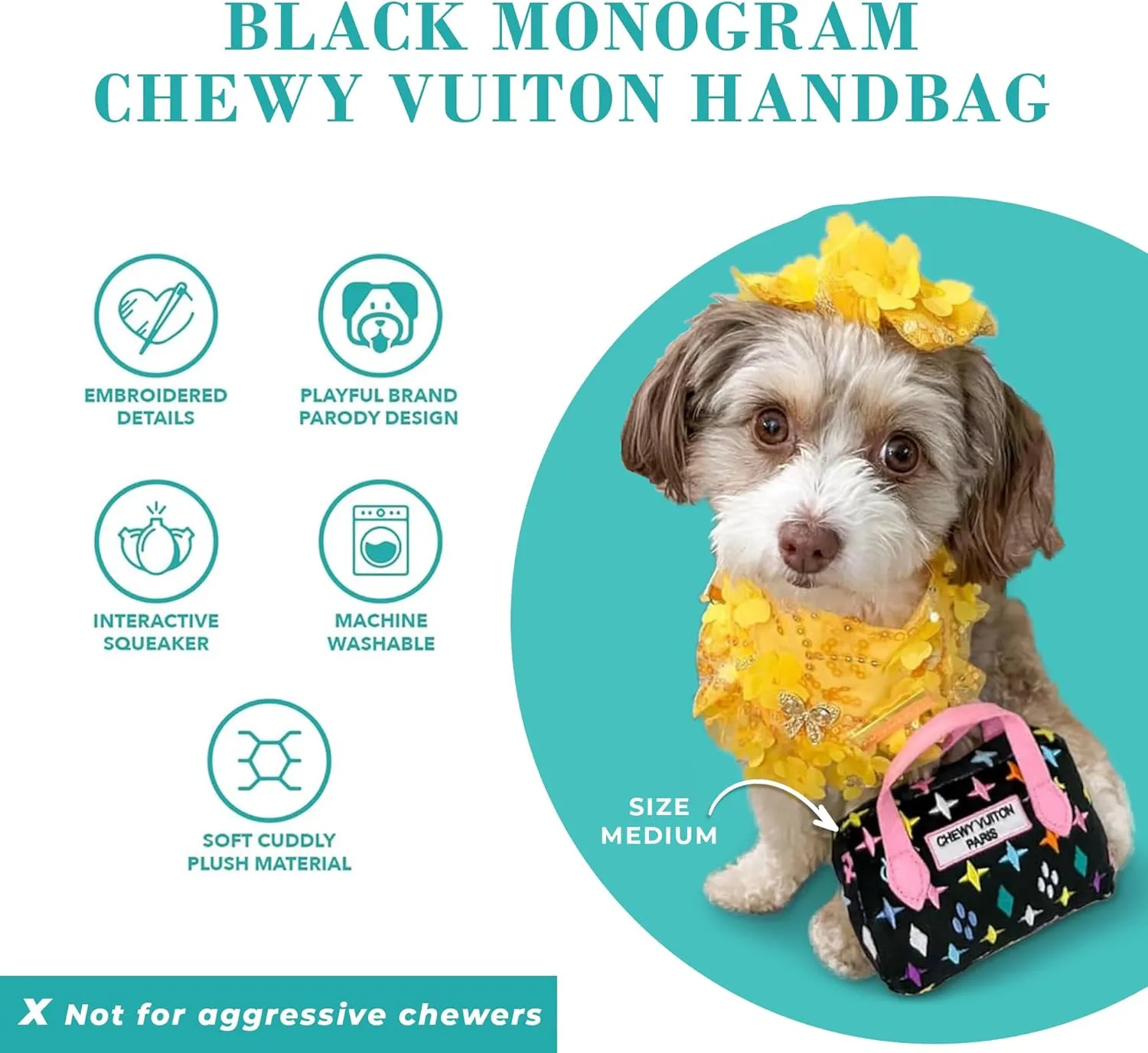 Haute Diggity Dog Black Monogram Chewy Vuiton Handbag, Plush Designer Dog Toys with Interactive Squeaker, Stimulating Pet Enrichment, Machine-Washable & Safe Materials for All Breeds, Size Medium