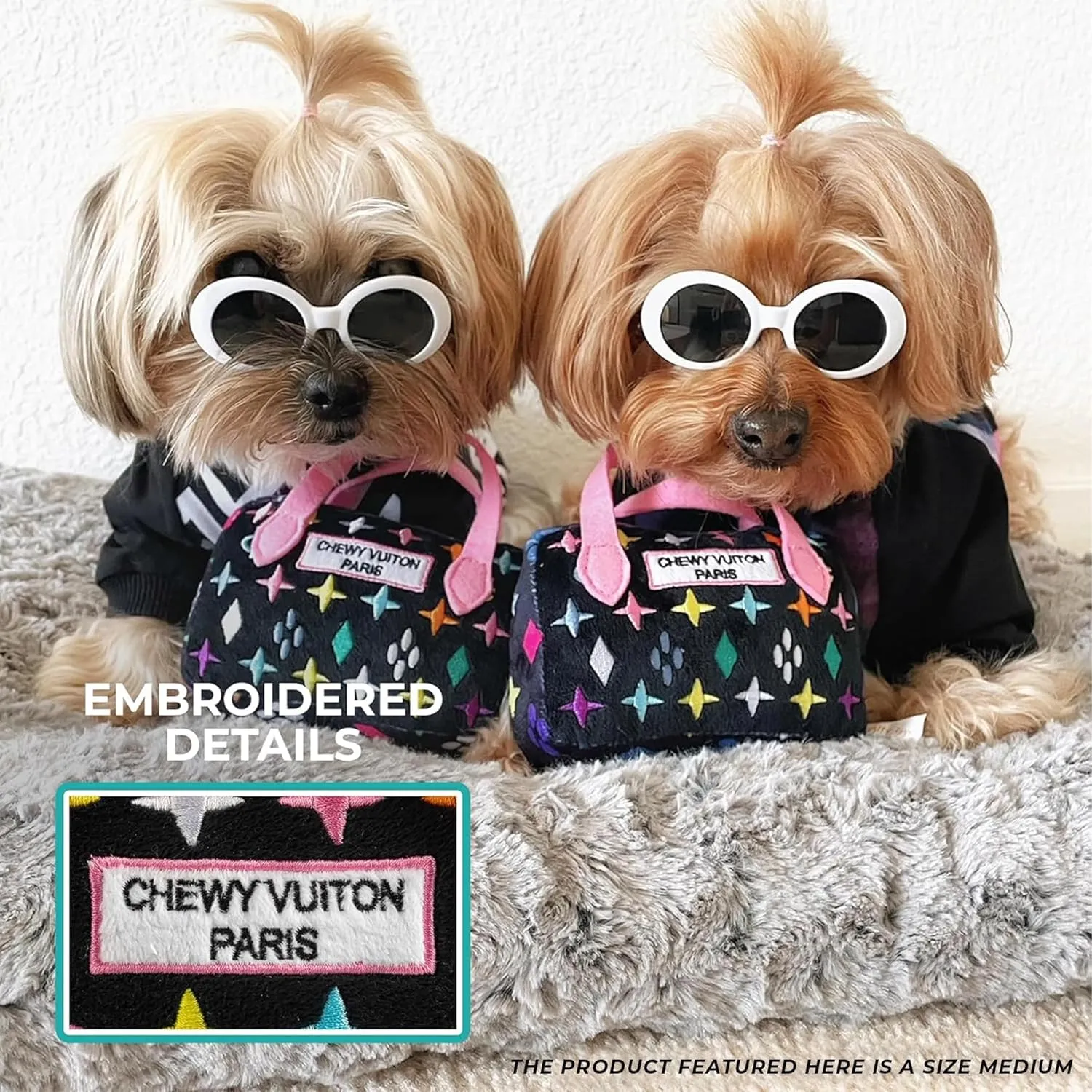 Haute Diggity Dog Black Monogram Chewy Vuiton Handbag, Plush Designer Dog Toys with Interactive Squeaker, Stimulating Pet Enrichment, Machine-Washable & Safe Materials for All Breeds, Size Medium