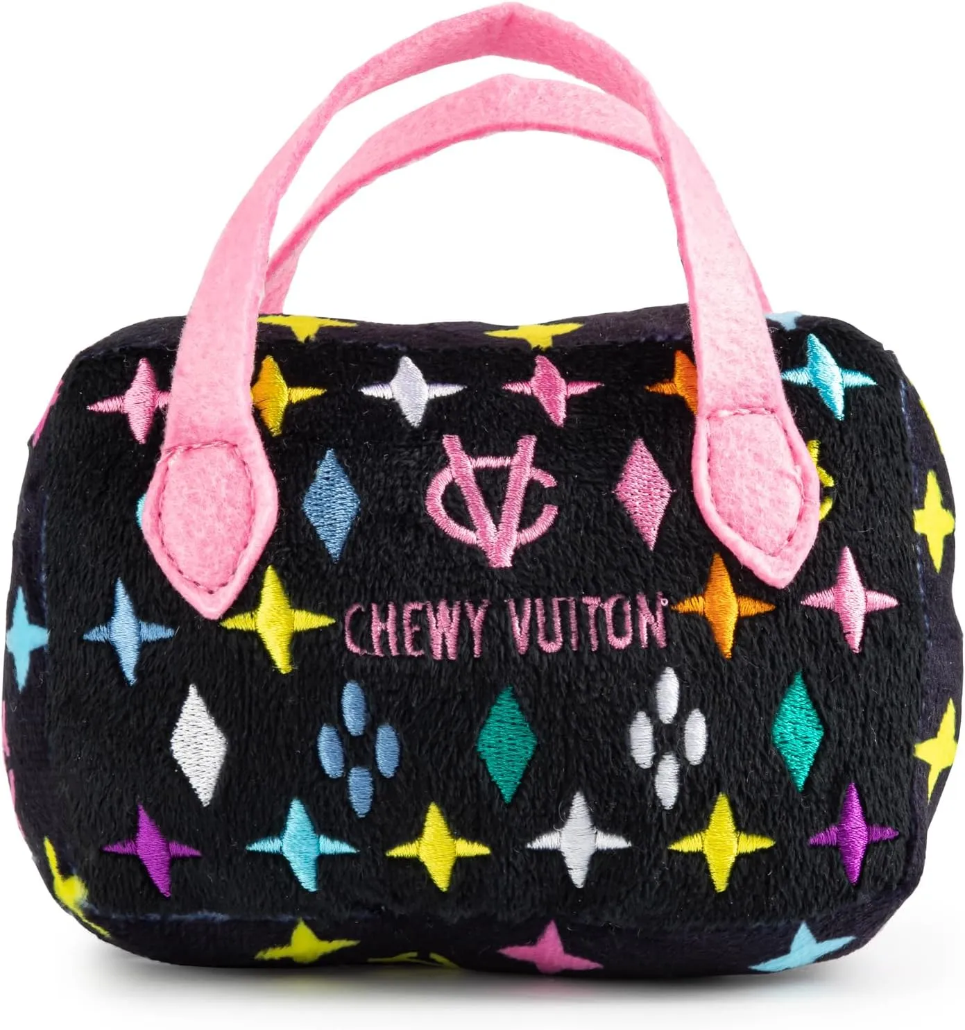 Haute Diggity Dog Black Monogram Chewy Vuiton Handbag, Plush Designer Dog Toys with Interactive Squeaker, Stimulating Pet Enrichment, Machine-Washable & Safe Materials for All Breeds, Size Small