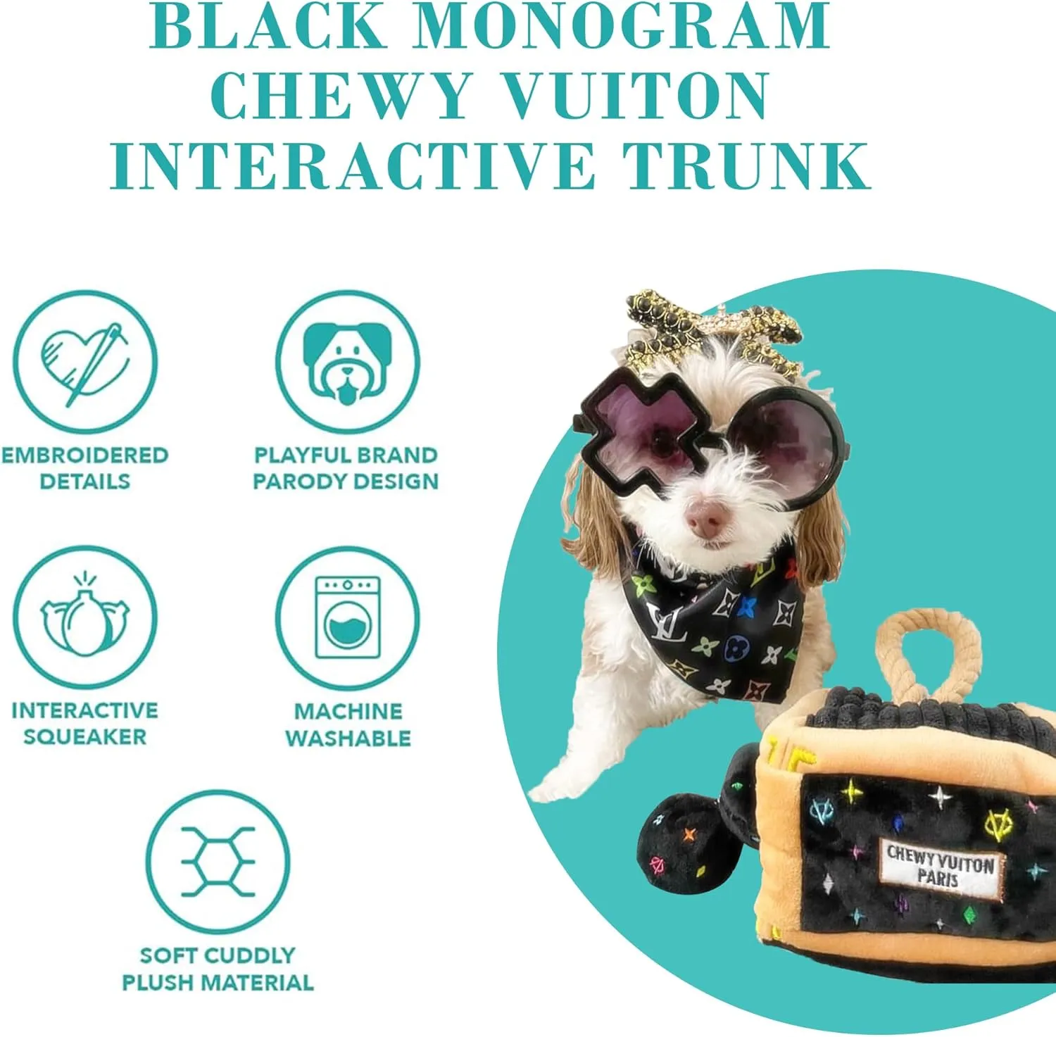 Haute Diggity Dog Black Monogram Chewy Vuiton Interactive Trunk, Plush Designer Dog Toys with Interactive Squeaker, Stimulating Pet Enrichment, Machine-Washable & Safe Materials for All Breeds