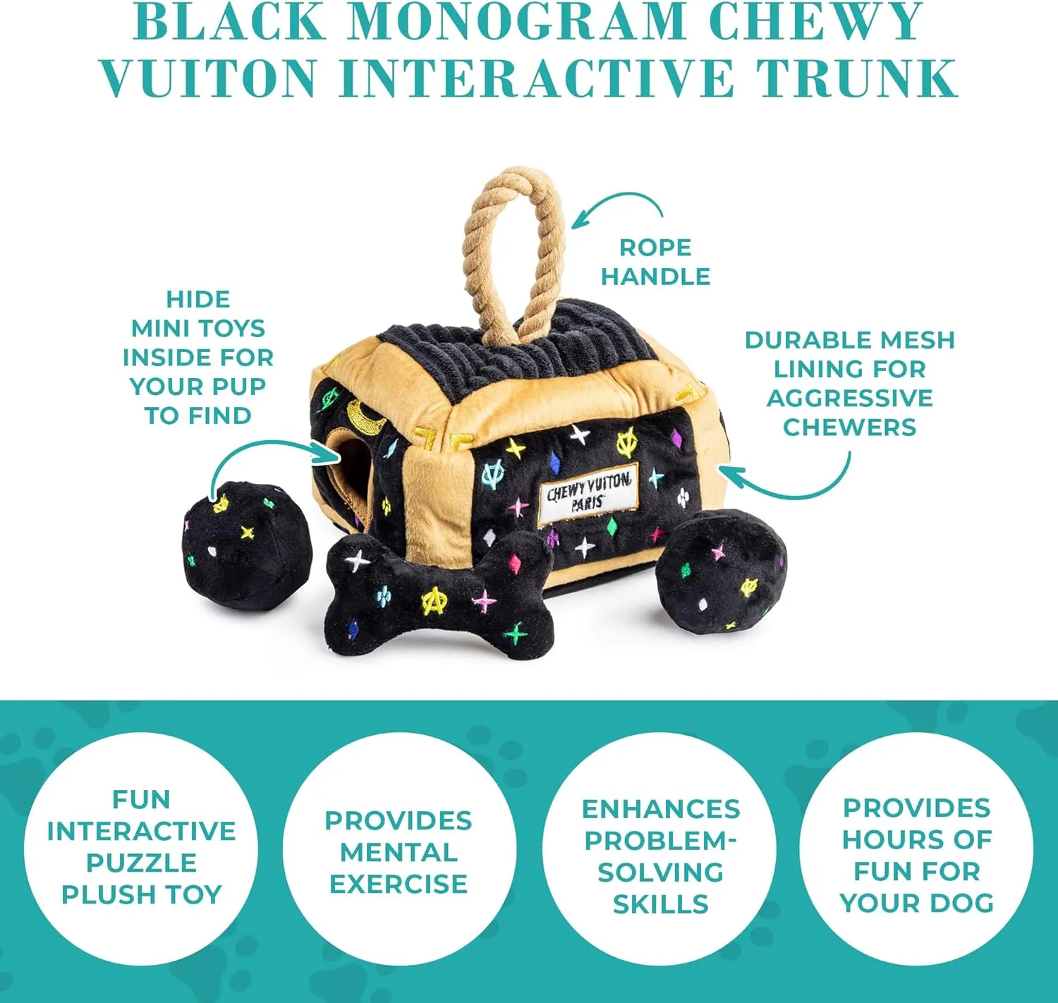 Haute Diggity Dog Black Monogram Chewy Vuiton Interactive Trunk, Plush Designer Dog Toys with Interactive Squeaker, Stimulating Pet Enrichment, Machine-Washable & Safe Materials for All Breeds