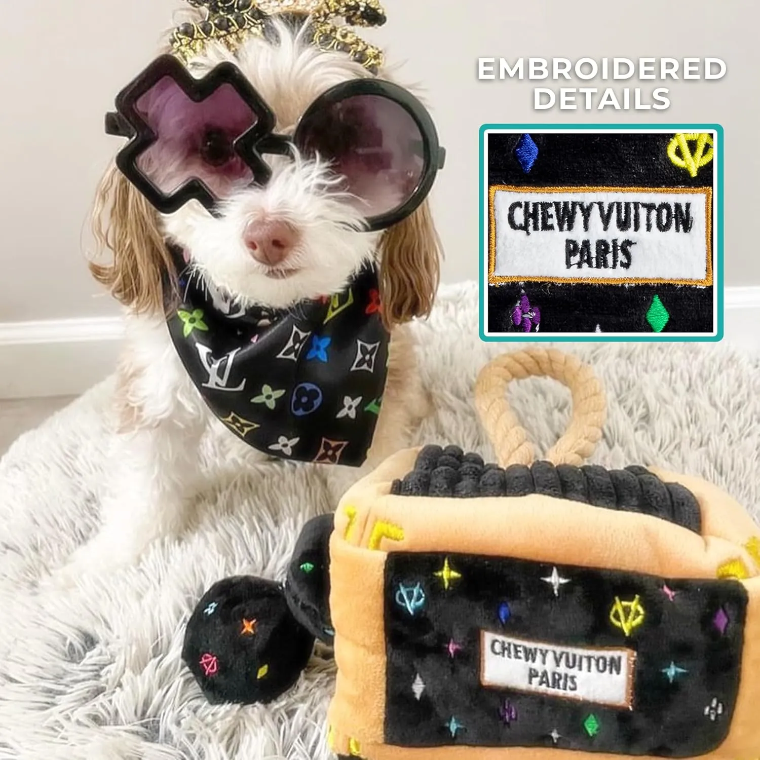 Haute Diggity Dog Black Monogram Chewy Vuiton Interactive Trunk, Plush Designer Dog Toys with Interactive Squeaker, Stimulating Pet Enrichment, Machine-Washable & Safe Materials for All Breeds