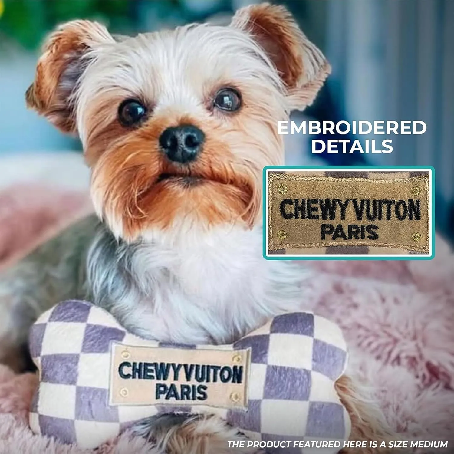 Haute Diggity Dog Checker Chewy Vuiton Bone, Plush Designer Dog Toys with Interactive Squeaker, Stimulating Pet Enrichment, Machine-Washable & Safe Materials for All Breeds, Size Large
