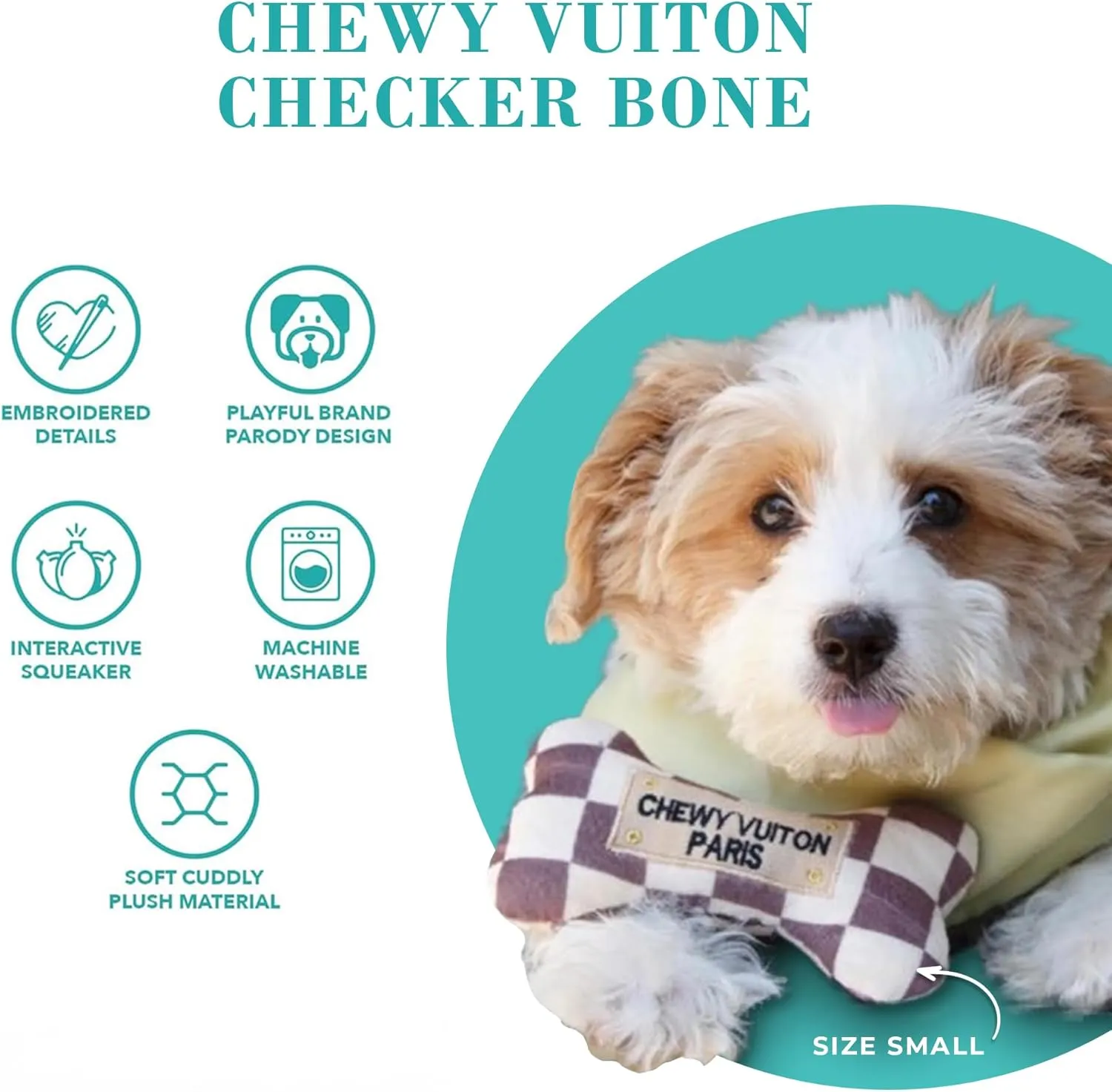 Haute Diggity Dog Checker Chewy Vuiton Bone, Plush Designer Dog Toys with Interactive Squeaker, Stimulating Pet Enrichment, Machine-Washable & Safe Materials for All Breeds, Size Large