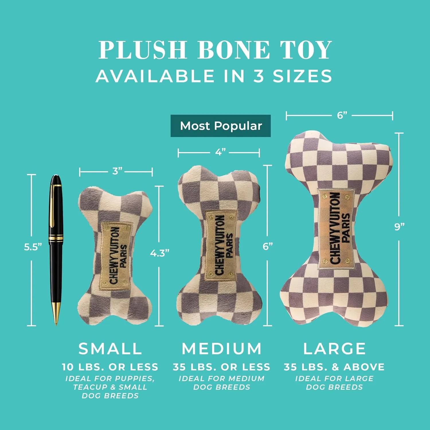 Haute Diggity Dog Checker Chewy Vuiton Bone, Plush Designer Dog Toys with Interactive Squeaker, Stimulating Pet Enrichment, Machine-Washable & Safe Materials for All Breeds, Size Large