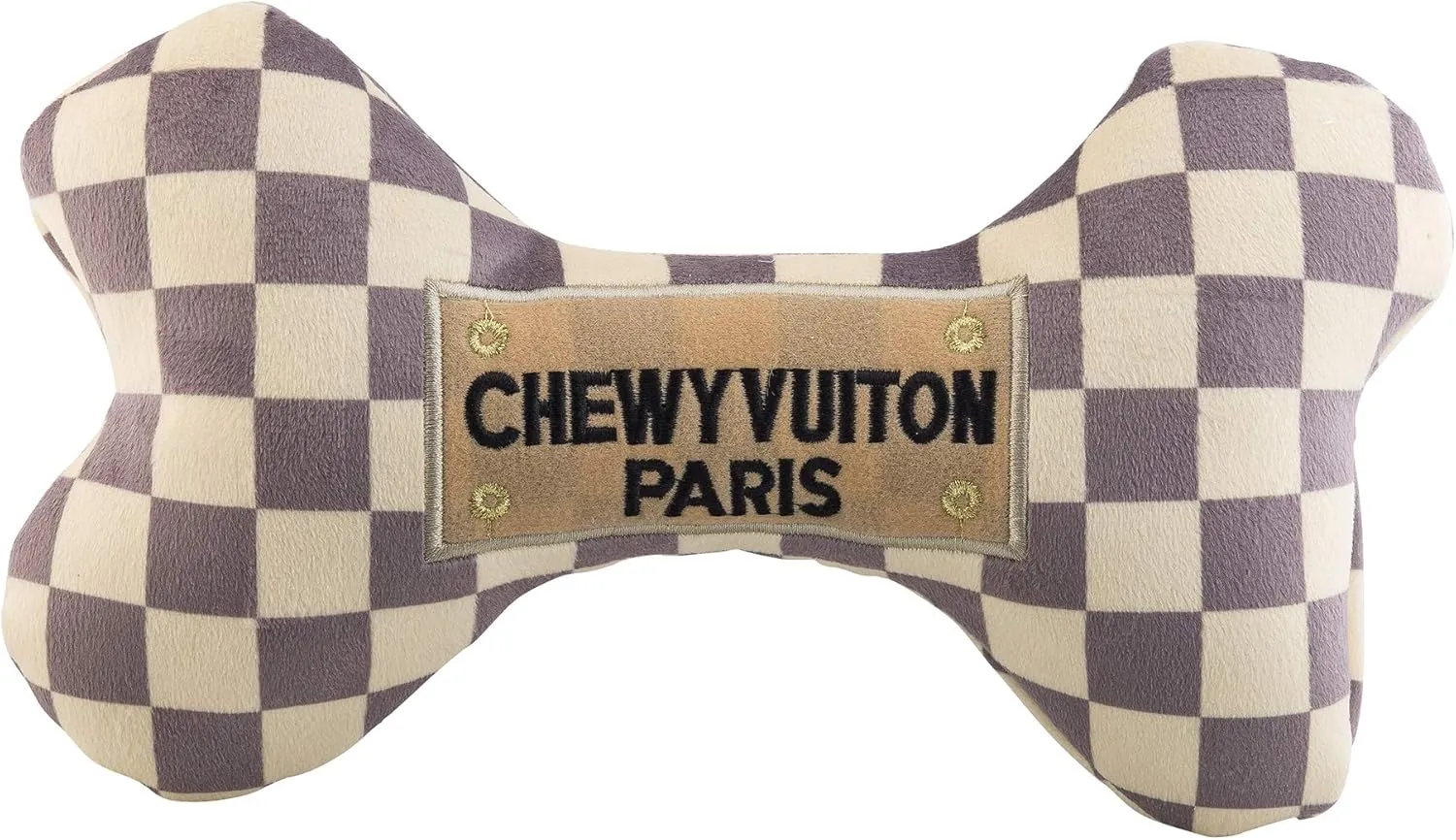 Haute Diggity Dog Checker Chewy Vuiton Bone, Plush Designer Dog Toys with Interactive Squeaker, Stimulating Pet Enrichment, Machine-Washable & Safe Materials for All Breeds, Size Large