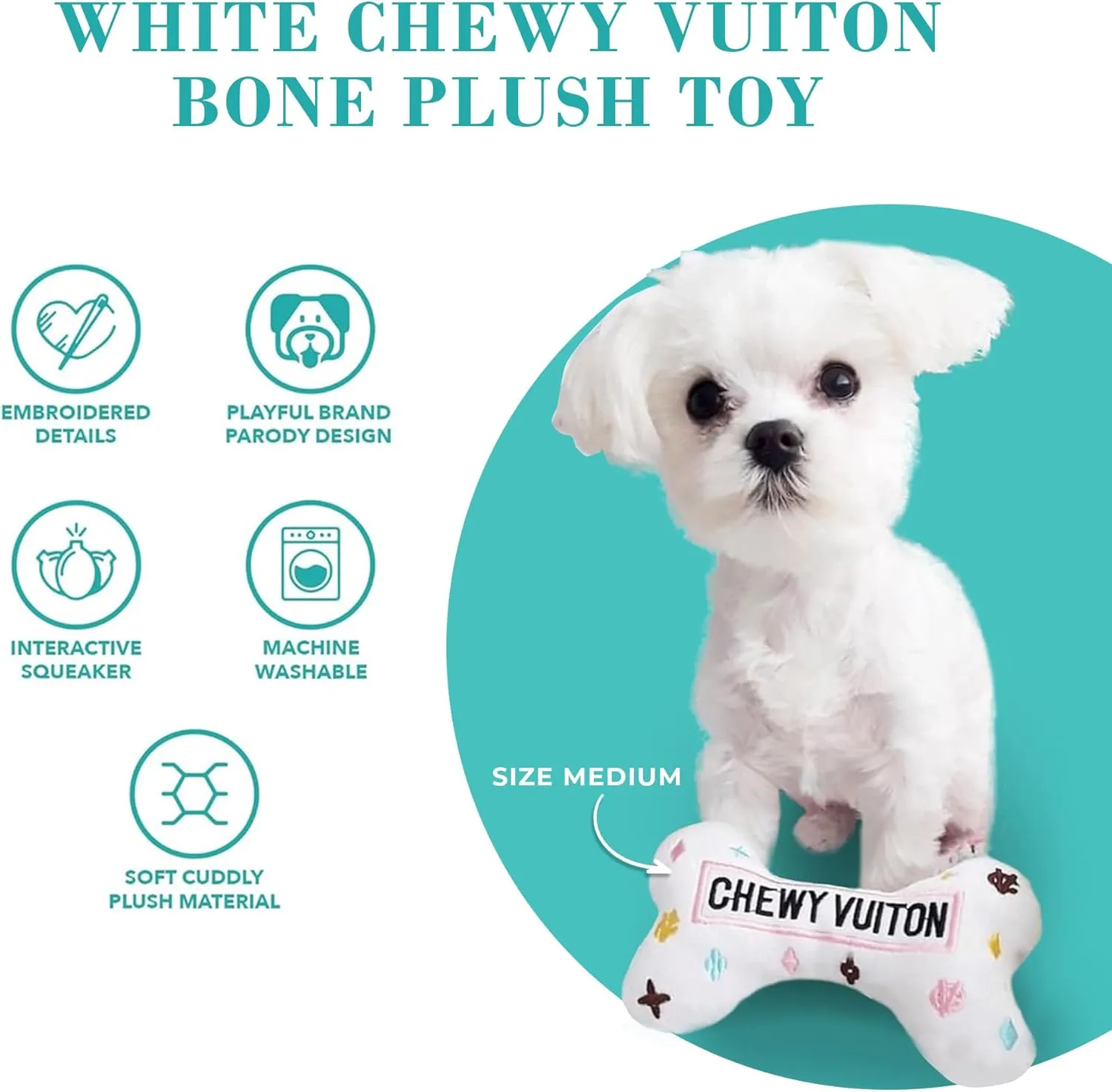 Haute Diggity Dog Chewy Vuiton White Bone, Plush Designer Dog Toys with Interactive Squeaker, Stimulating Pet Enrichment, Machine-Washable & Safe Materials for All Breeds, Size Large