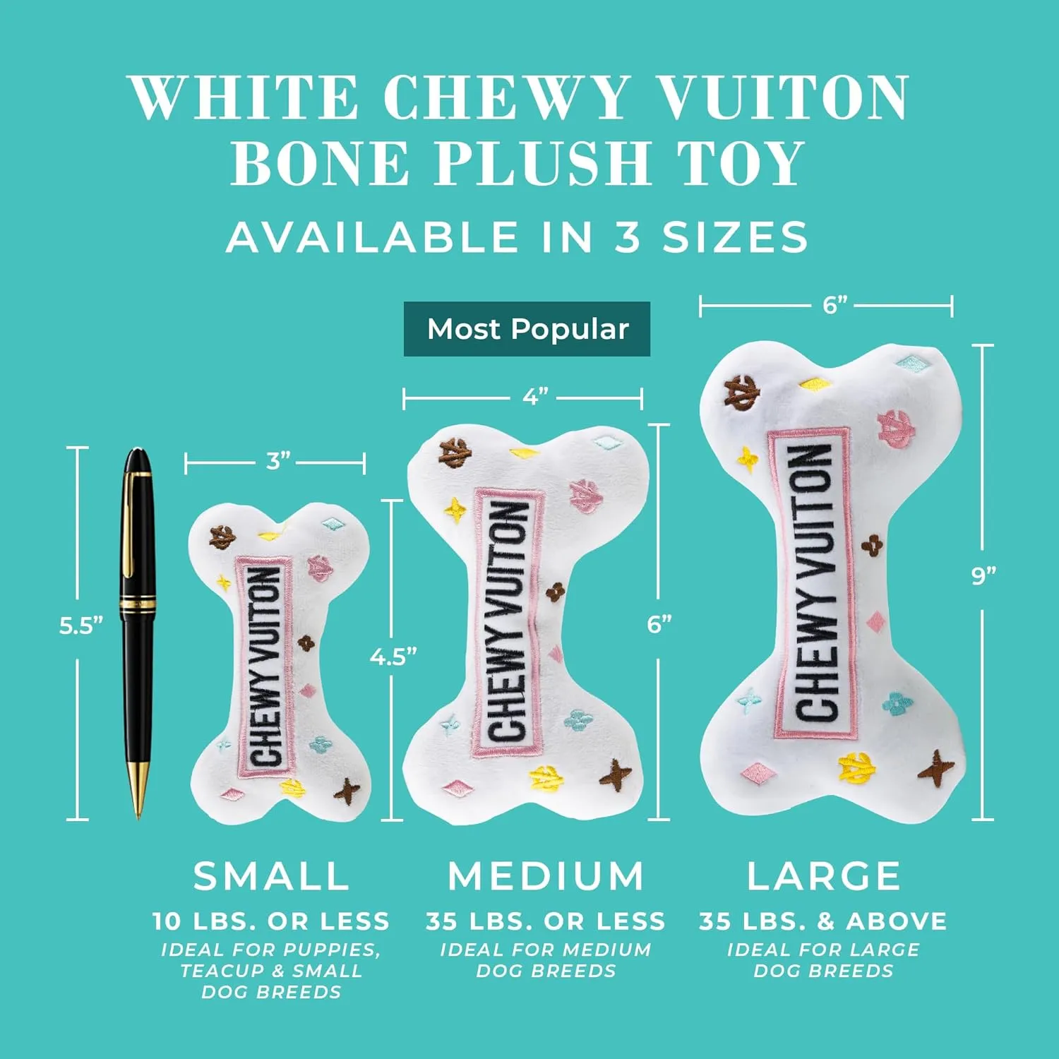 Haute Diggity Dog Chewy Vuiton White Bone, Plush Designer Dog Toys with Interactive Squeaker, Stimulating Pet Enrichment, Machine-Washable & Safe Materials for All Breeds, Size Large