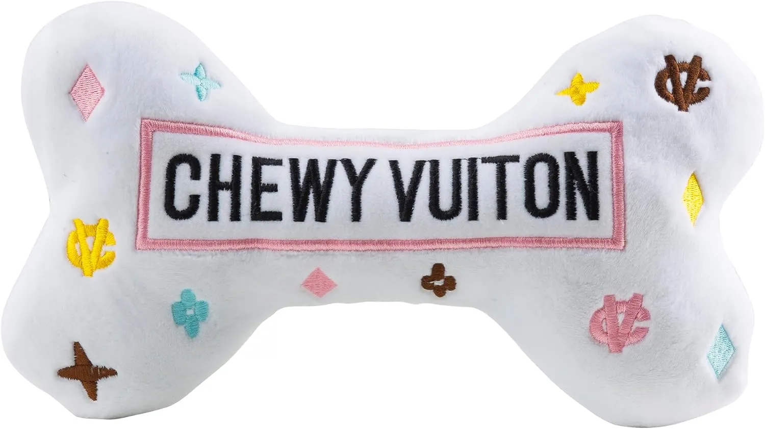 Haute Diggity Dog Chewy Vuiton White Bone, Plush Designer Dog Toys with Interactive Squeaker, Stimulating Pet Enrichment, Machine-Washable & Safe Materials for All Breeds, Size Large