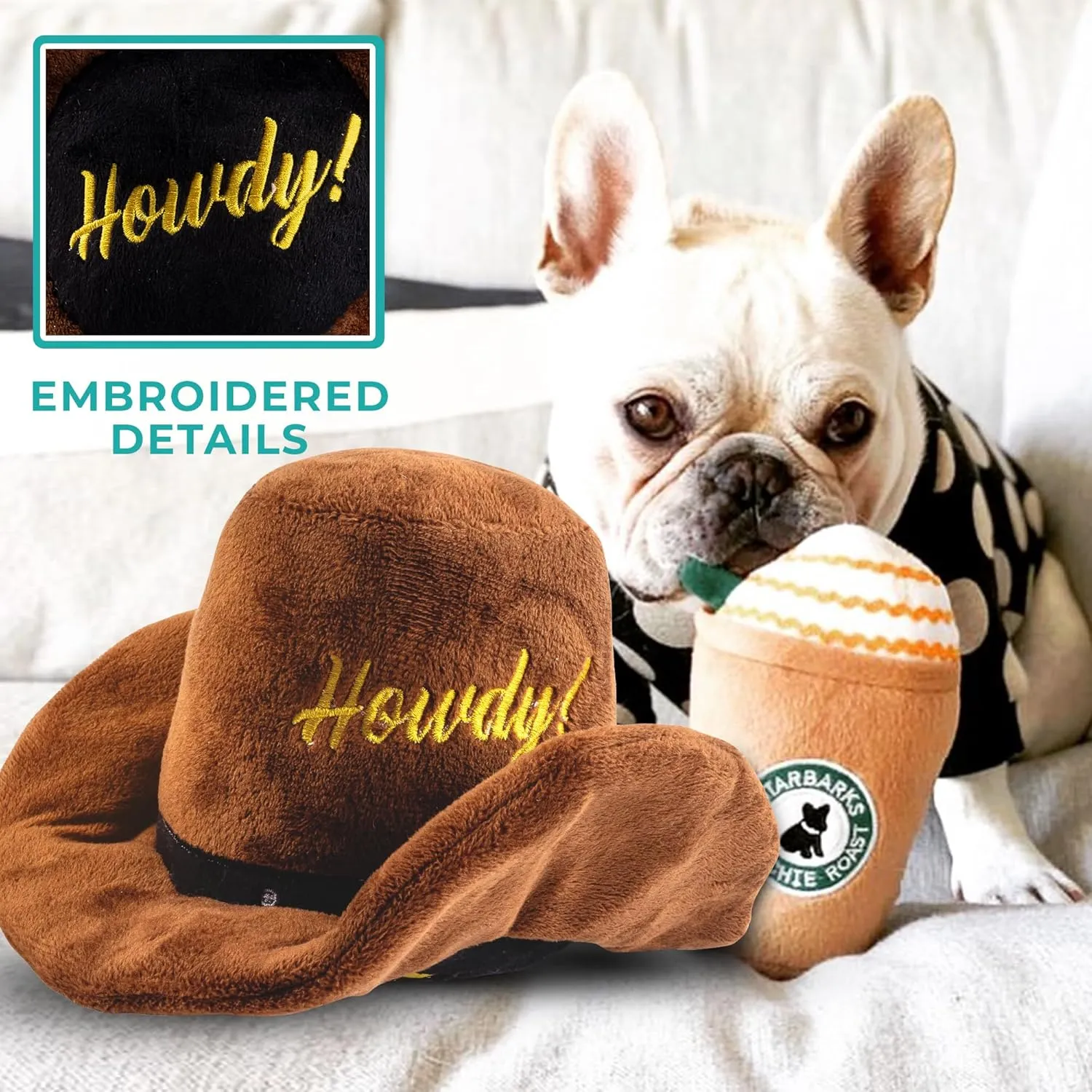 Haute Diggity Dog Cowboy Hat Plush Dog Toy for Medium & Large Dogs, Western-Inspired Stuffed Dog Toys with Interactive Squeaker, Mesh Lining, Machine-Washable, Durable & Safe, One Size, Brown