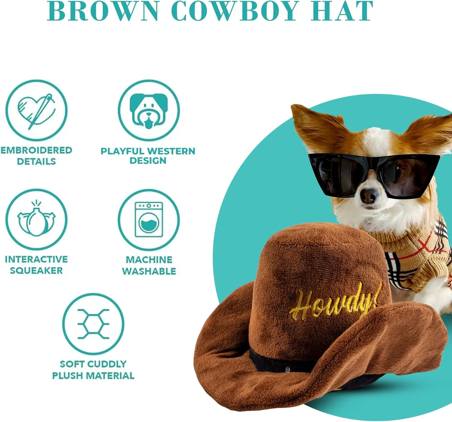 Haute Diggity Dog Cowboy Hat Plush Dog Toy for Medium & Large Dogs, Western-Inspired Stuffed Dog Toys with Interactive Squeaker, Mesh Lining, Machine-Washable, Durable & Safe, One Size, Brown