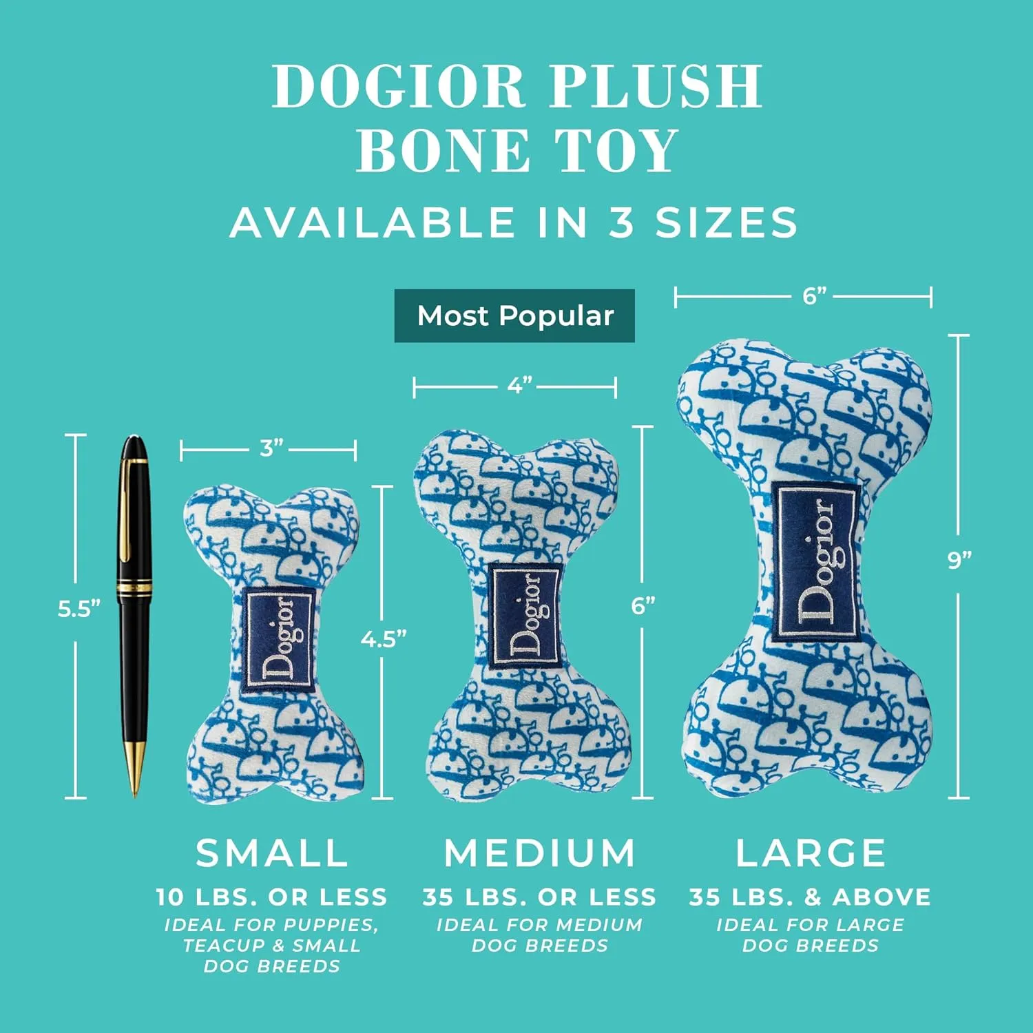 Haute Diggity Dog Dogior Bone, Plush Designer Dog Toys with Interactive Squeaker, Stimulating Pet Enrichment, Machine-Washable & Safe Materials for All Breeds, Size Medium