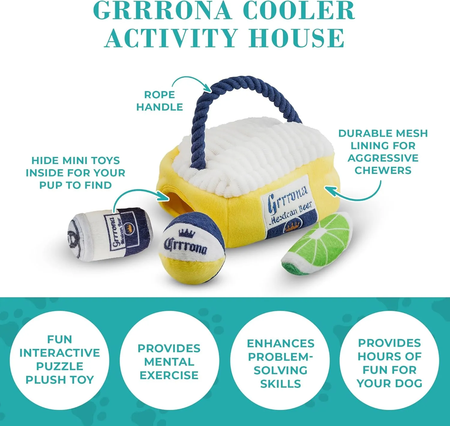Haute Diggity Dog Grrrona Cooler Activity House, Plush Designer Dog Toys with Interactive Squeaker, Stimulating Pet Enrichment, Machine-Washable & Safe Materials for All Breeds, One Size