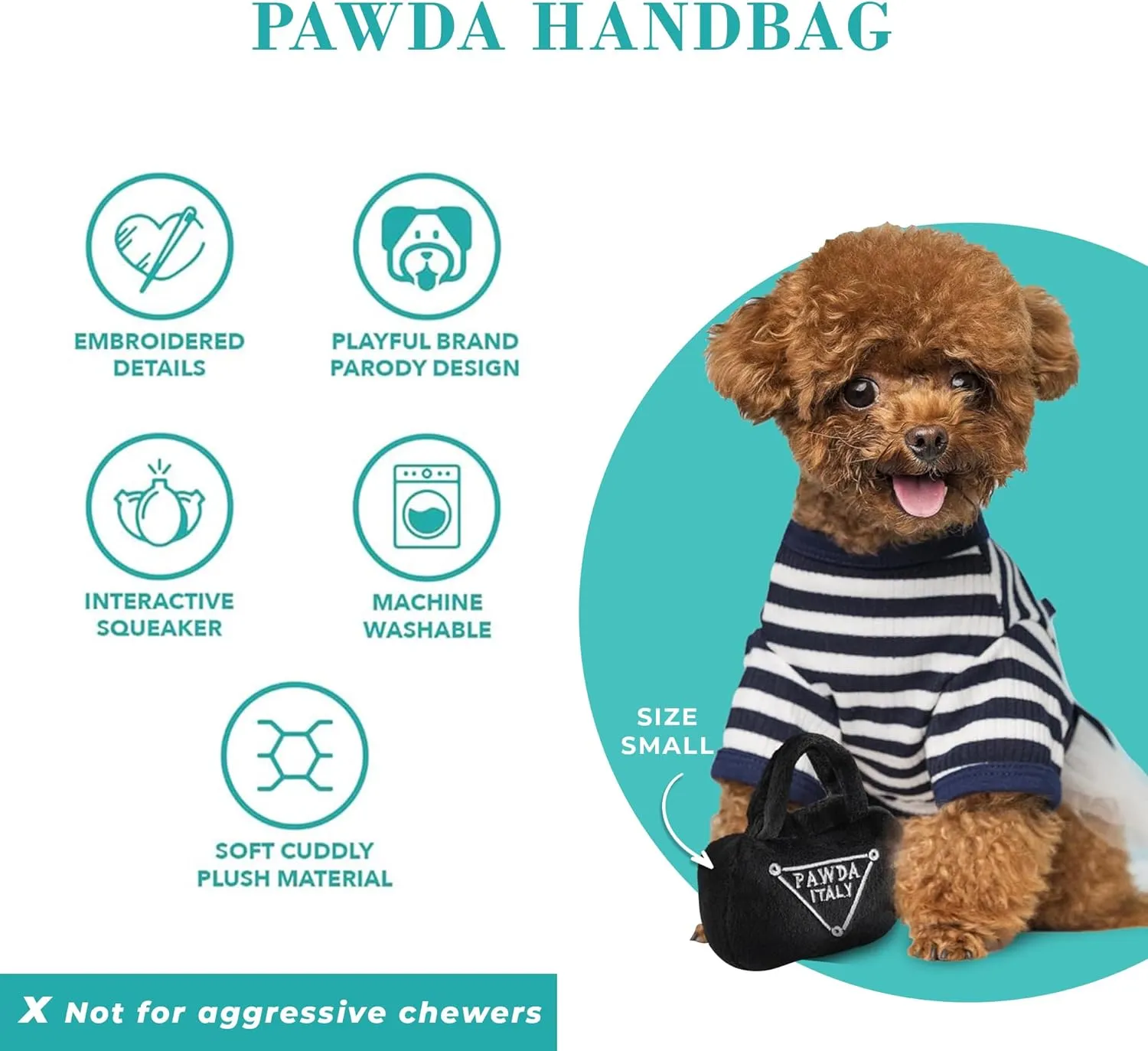 Haute Diggity Dog Pawda Handbag, Plush Designer Dog Toys with Interactive Squeaker, Stimulating Pet Enrichment, Machine-Washable & Safe Materials for All Breeds, Size Medium