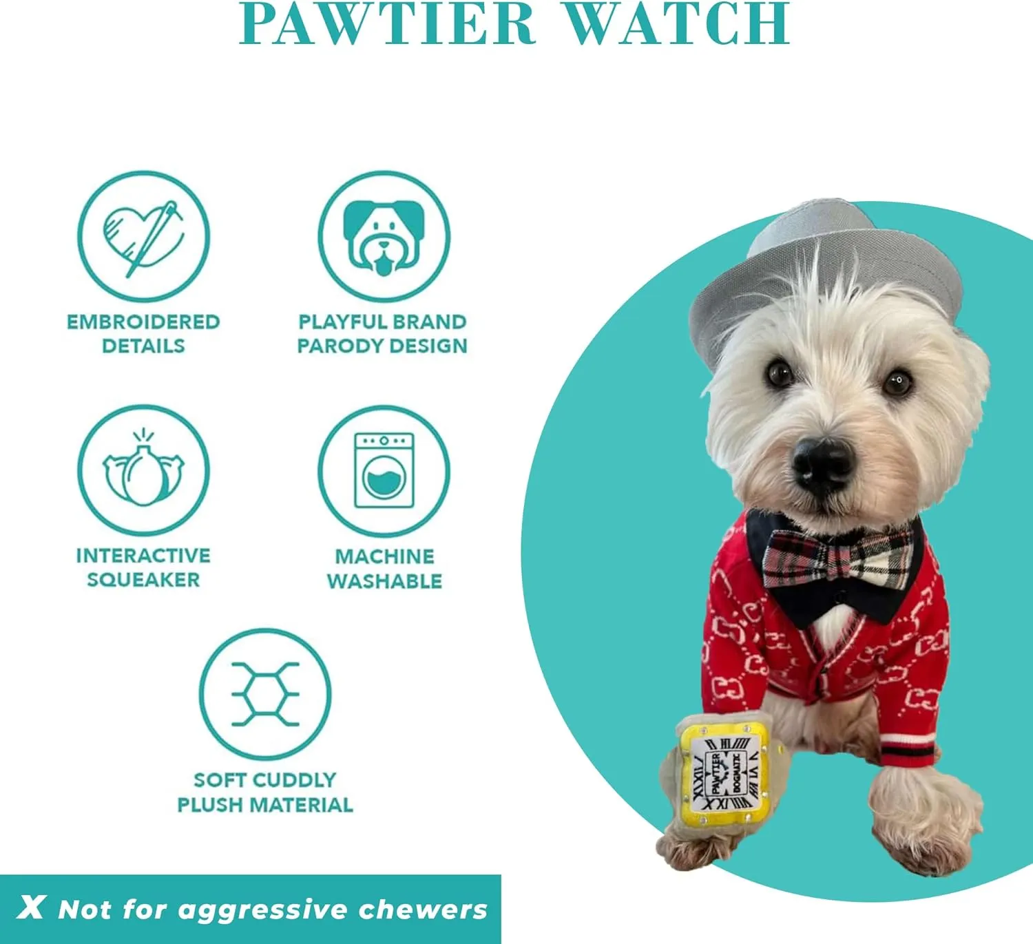 Haute Diggity Dog Pawtier Watch, Plush Designer Dog Toys with Interactive Squeaker, Stimulating Pet Enrichment, Machine-Washable & Safe Materials for All Breeds, One Size