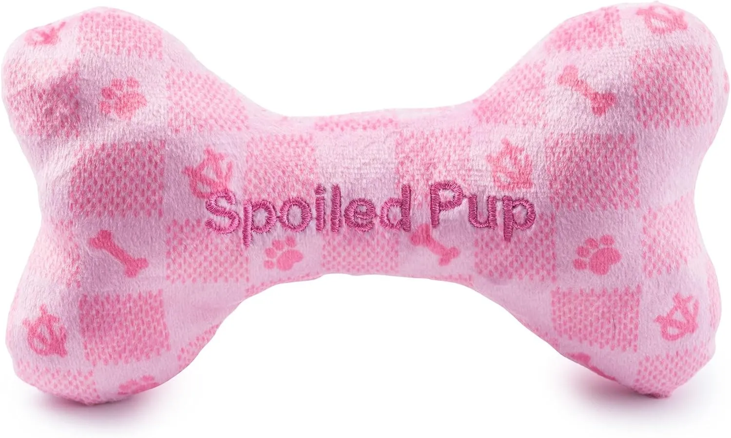 Haute Diggity Dog Pink Checker Chewy Vuiton Bone, Plush Designer Dog Toys with Interactive Squeaker, Stimulating Pet Enrichment, Machine-Washable & Safe Materials for All Breeds, Size Medium