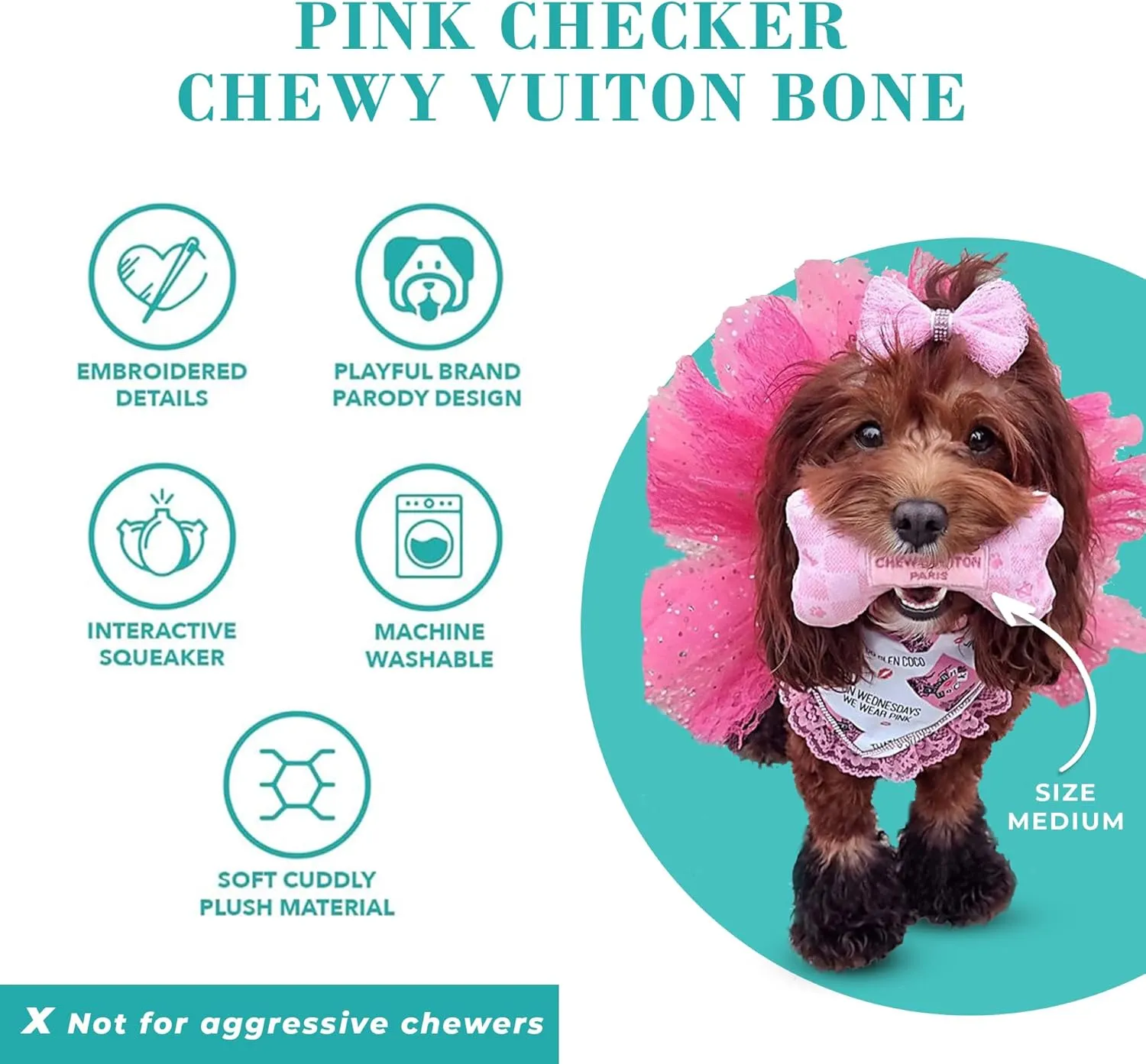 Haute Diggity Dog Pink Checker Chewy Vuiton Bone, Plush Designer Dog Toys with Interactive Squeaker, Stimulating Pet Enrichment, Machine-Washable & Safe Materials for All Breeds, Size Medium
