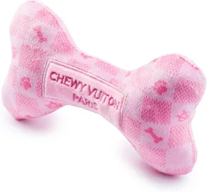 Haute Diggity Dog Pink Checker Chewy Vuiton Bone, Plush Designer Dog Toys with Interactive Squeaker, Stimulating Pet Enrichment, Machine-Washable & Safe Materials for All Breeds, Size Medium