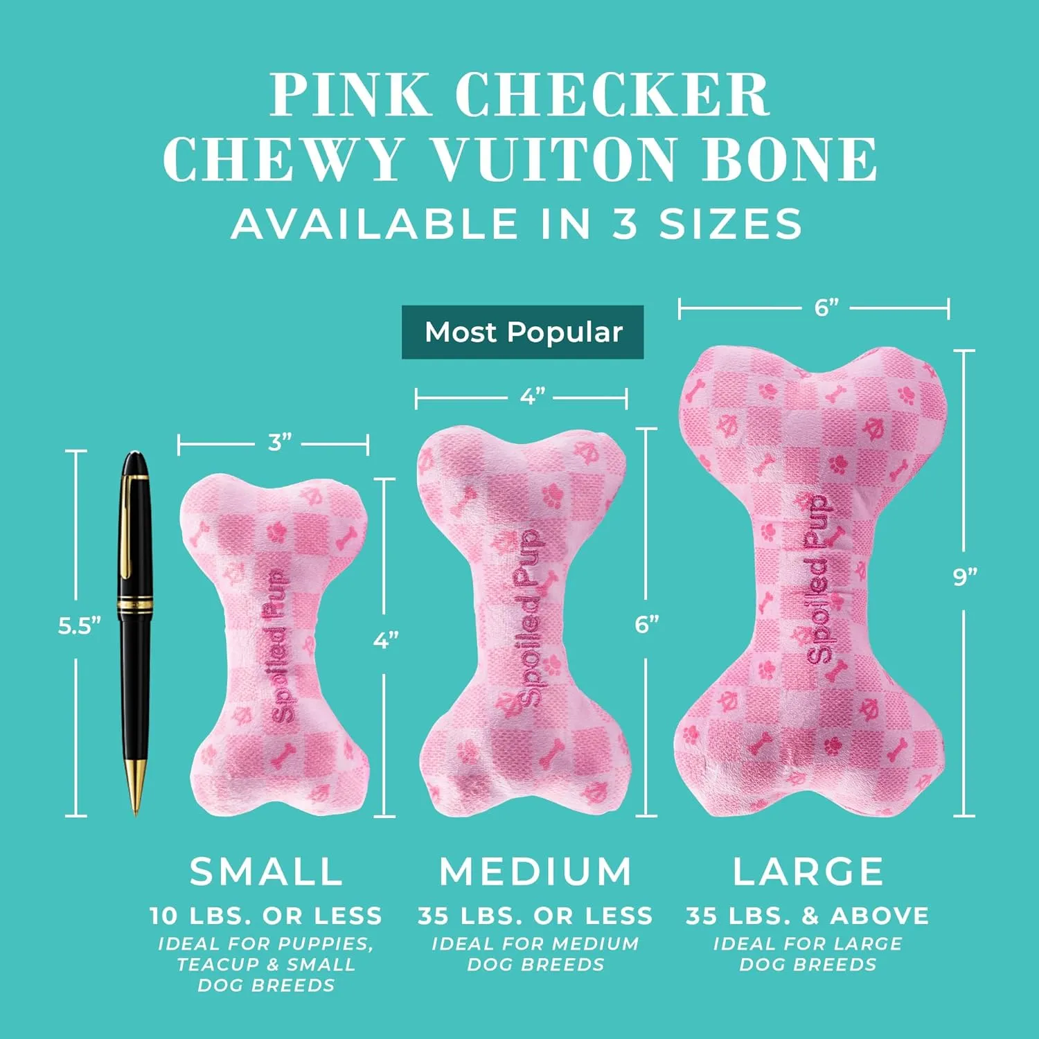 Haute Diggity Dog Pink Checker Chewy Vuiton Bone, Plush Designer Dog Toys with Interactive Squeaker, Stimulating Pet Enrichment, Machine-Washable & Safe Materials for All Breeds, Size Medium