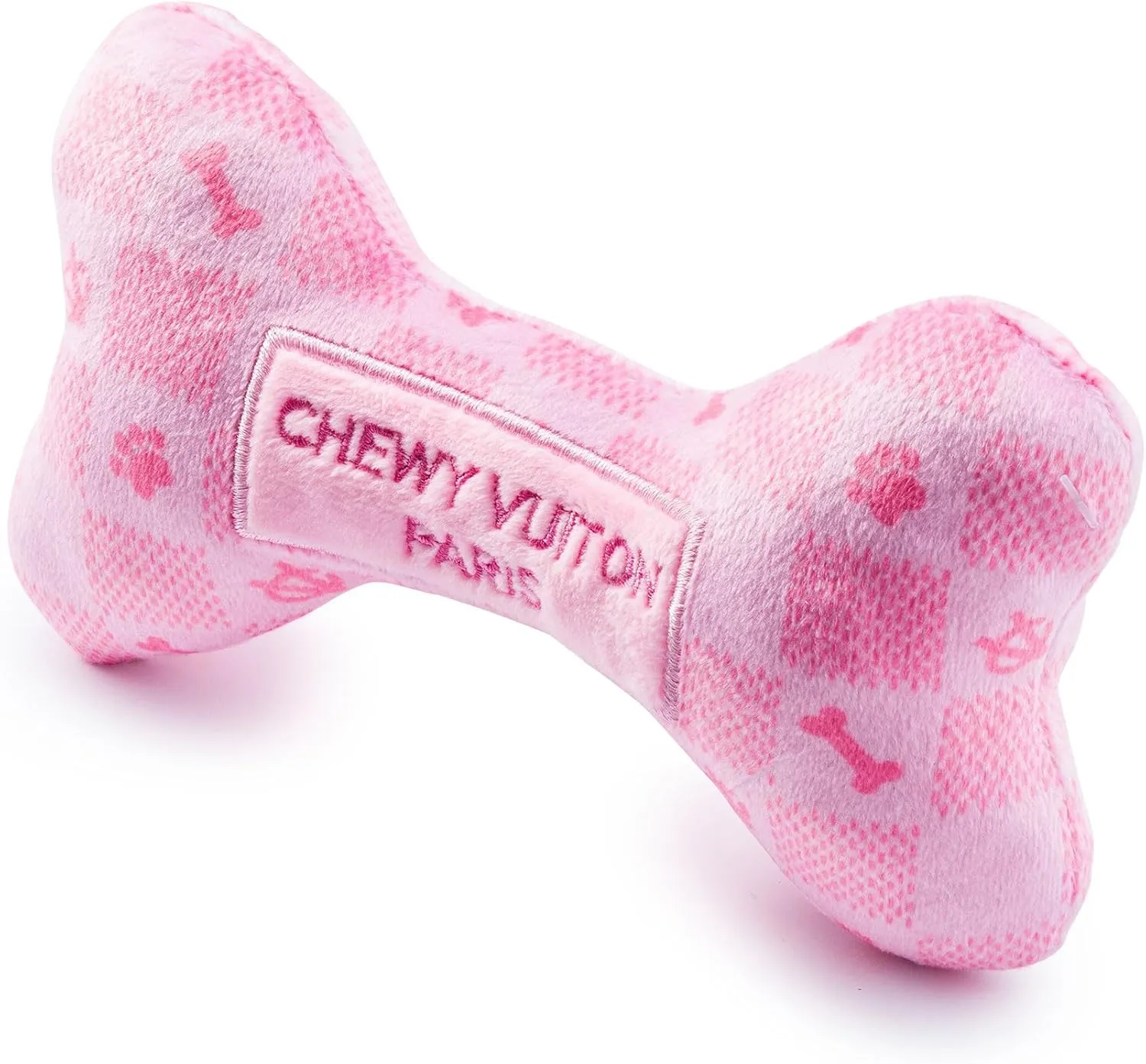 Haute Diggity Dog Pink Checker Chewy Vuiton Bone, Plush Designer Dog Toys with Interactive Squeaker, Stimulating Pet Enrichment, Machine-Washable & Safe Materials for All Breeds, Size Medium