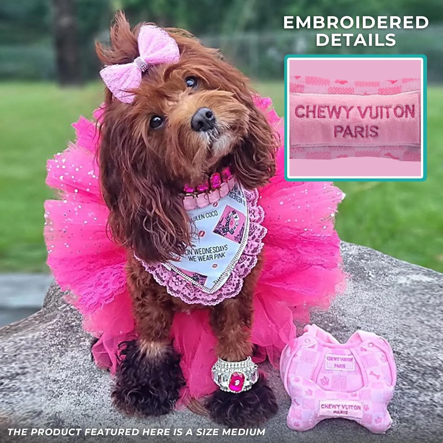 Haute Diggity Dog Pink Checker Chewy Vuiton Bone, Plush Designer Dog Toys with Interactive Squeaker, Stimulating Pet Enrichment, Machine-Washable & Safe Materials for All Breeds, Size Medium