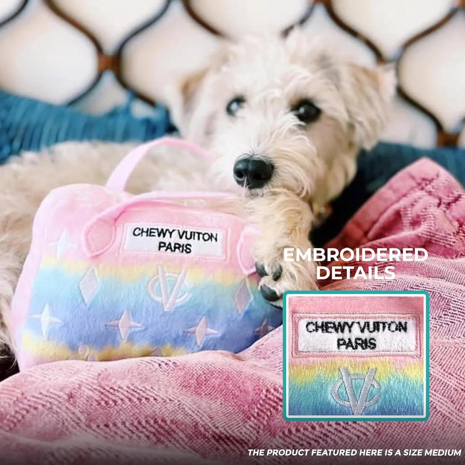 Haute Diggity Dog Pink Ombre Chewy Vuiton Handbag, Plush Designer Dog Toys with Interactive Squeaker, Stimulating Pet Enrichment, Machine-Washable & Safe Materials for All Breeds, Size Medium