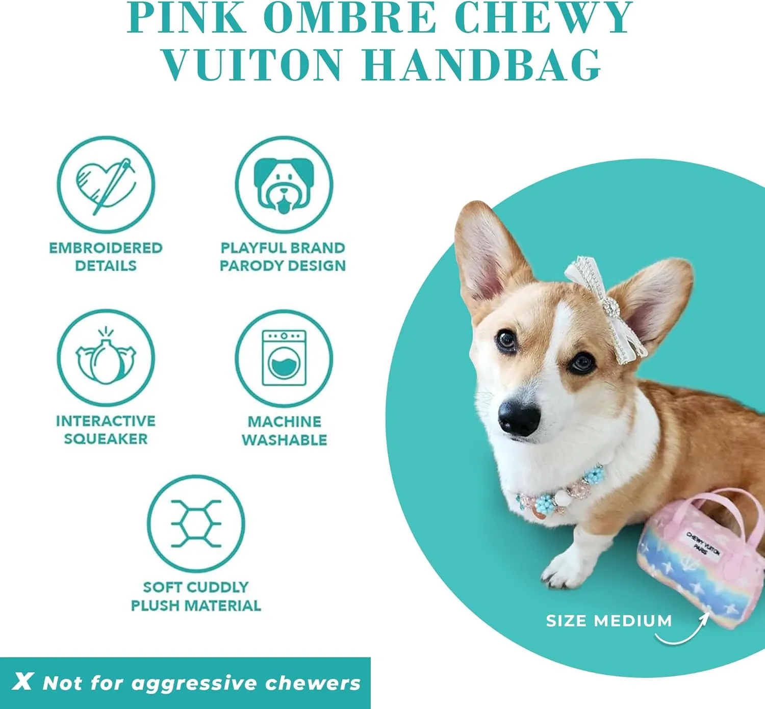 Haute Diggity Dog Pink Ombre Chewy Vuiton Handbag, Plush Designer Dog Toys with Interactive Squeaker, Stimulating Pet Enrichment, Machine-Washable & Safe Materials for All Breeds, Size Medium