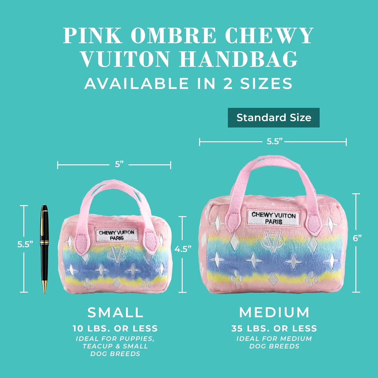 Haute Diggity Dog Pink Ombre Chewy Vuiton Handbag, Plush Designer Dog Toys with Interactive Squeaker, Stimulating Pet Enrichment, Machine-Washable & Safe Materials for All Breeds, Size Medium